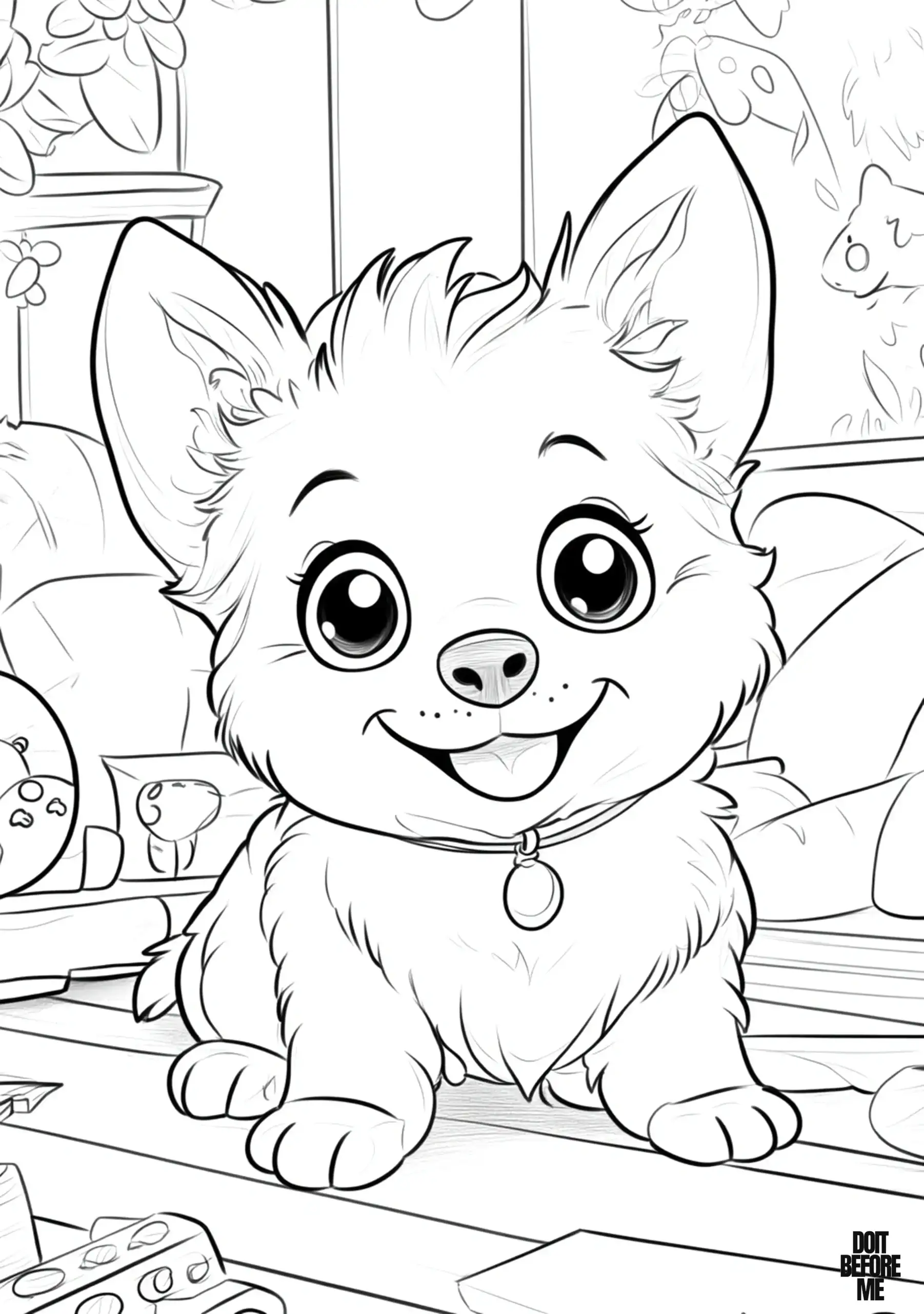 Cute puppy with perky ears, big sparkling eyes, and a smile, sitting indoors surrounded by cozy furniture. The simple lines make this coloring page perfect for toddlers.