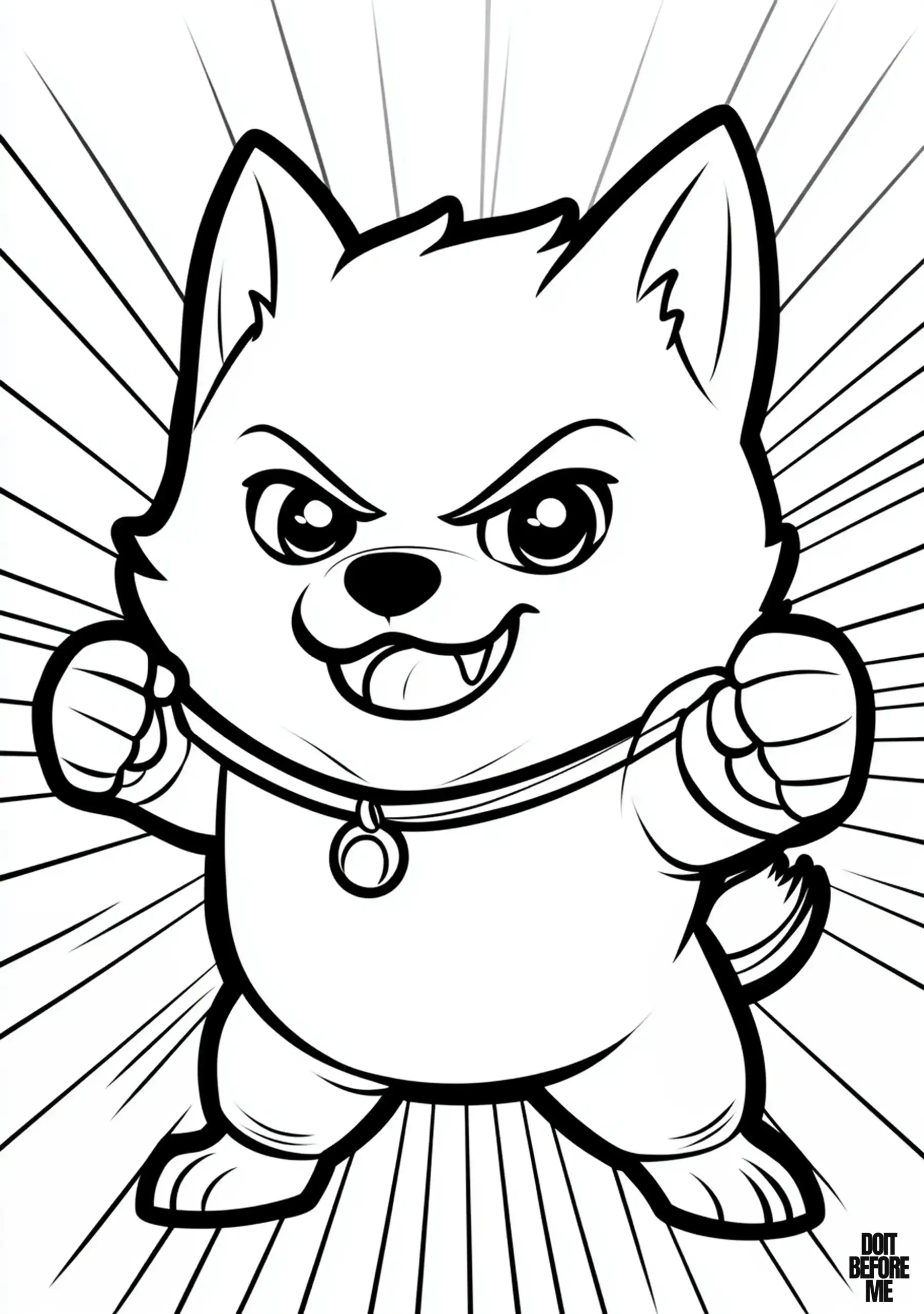 Fierce Shiba Inu puppy in a superhero pose with clenched paws. This coloring page is ideal for boys and toddlers who enjoy dynamic scenes.