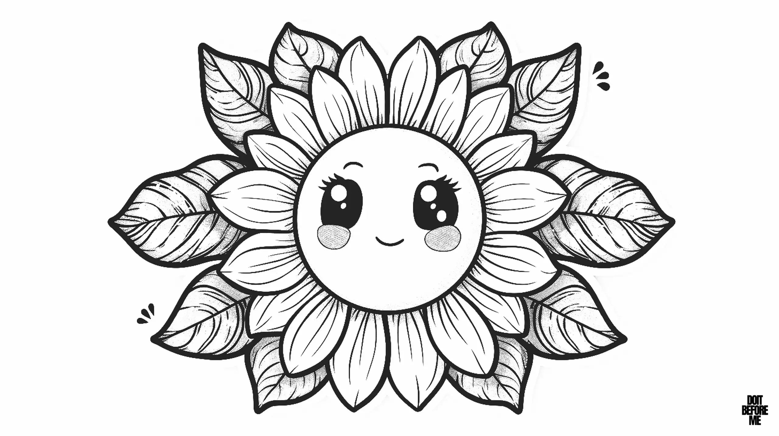 Kawaii sunflower with a smiling face at its center, the sunflower has large expressive eyes and rosy cheeks, surrounded by multiple layers of petals. Each petal is carefully drawn with intricate lines.