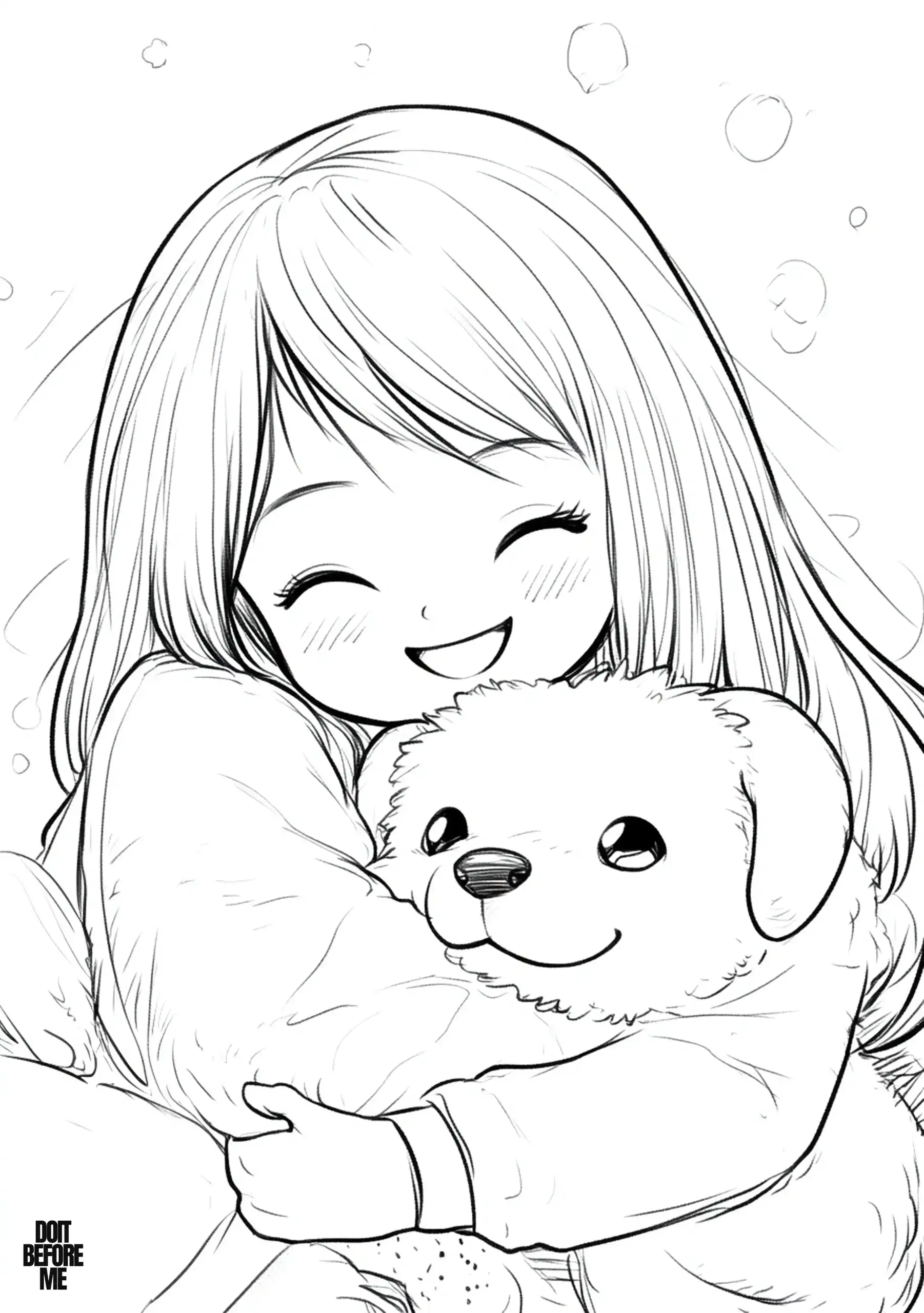 Little girl with a big smile hugging a fluffy Golden Retriever puppy, set against a simple background with soft bubbles.