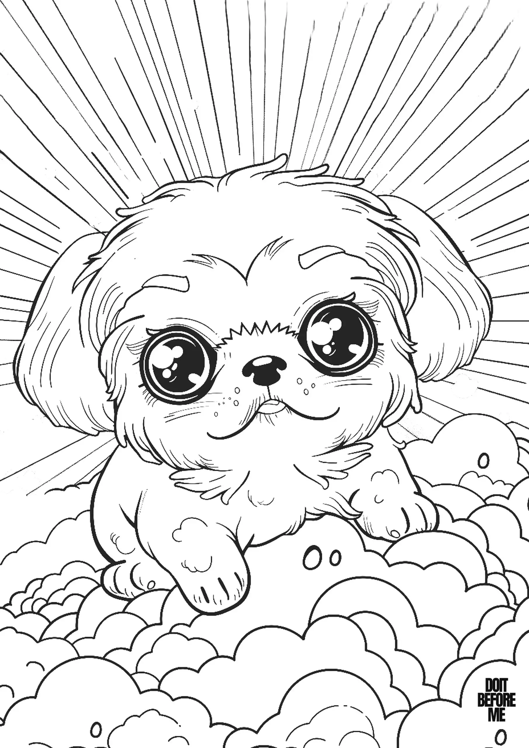 Cute dog sitting on clouds, representing heaven.