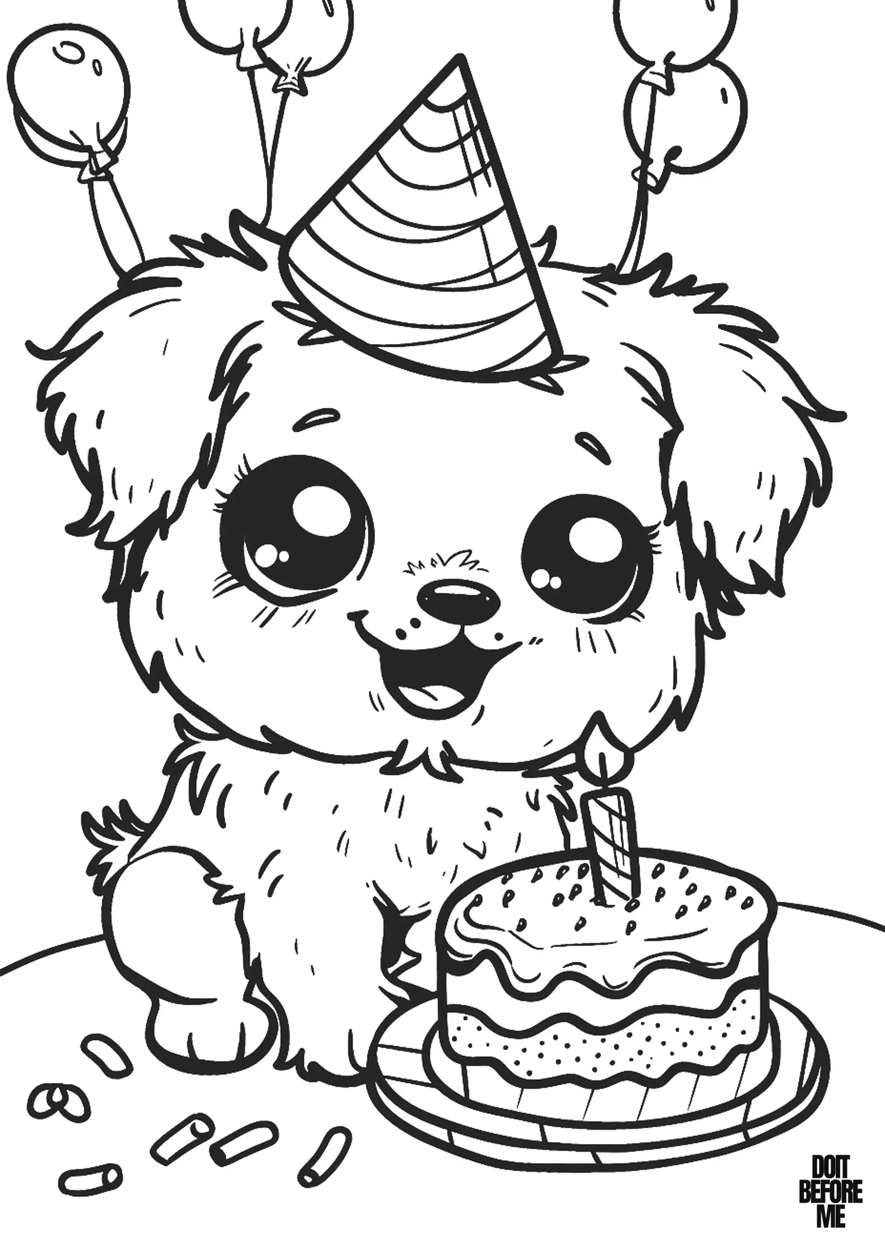 Joyful dog wearing a party hat, sitting beside a birthday cake with a lit candle, for birthday celebration.