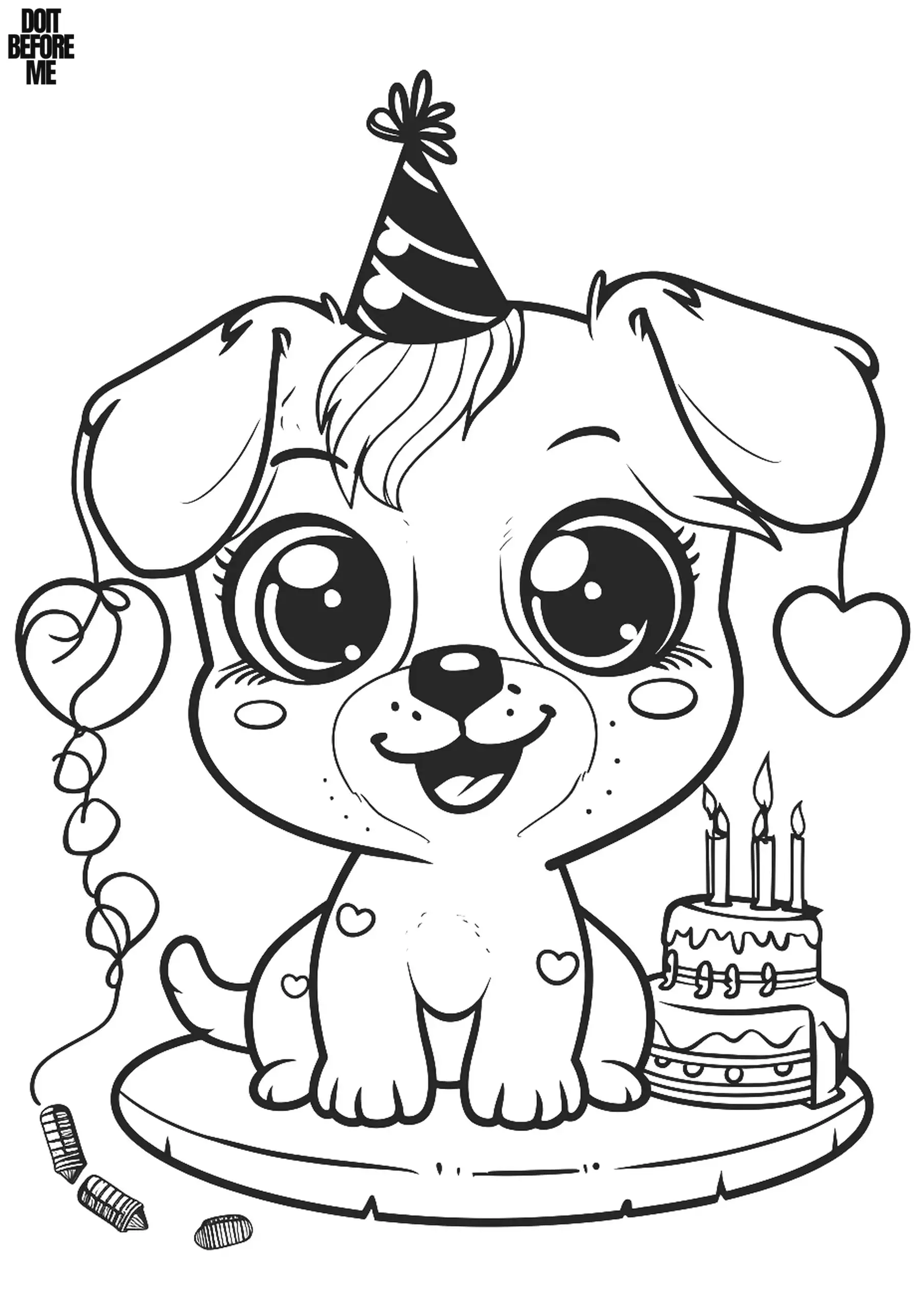 Happy puppy wearing a party hat with heart-shaped balloons for a birthday celebration. The focus of the coloring page is on the birthday cake with three candles.