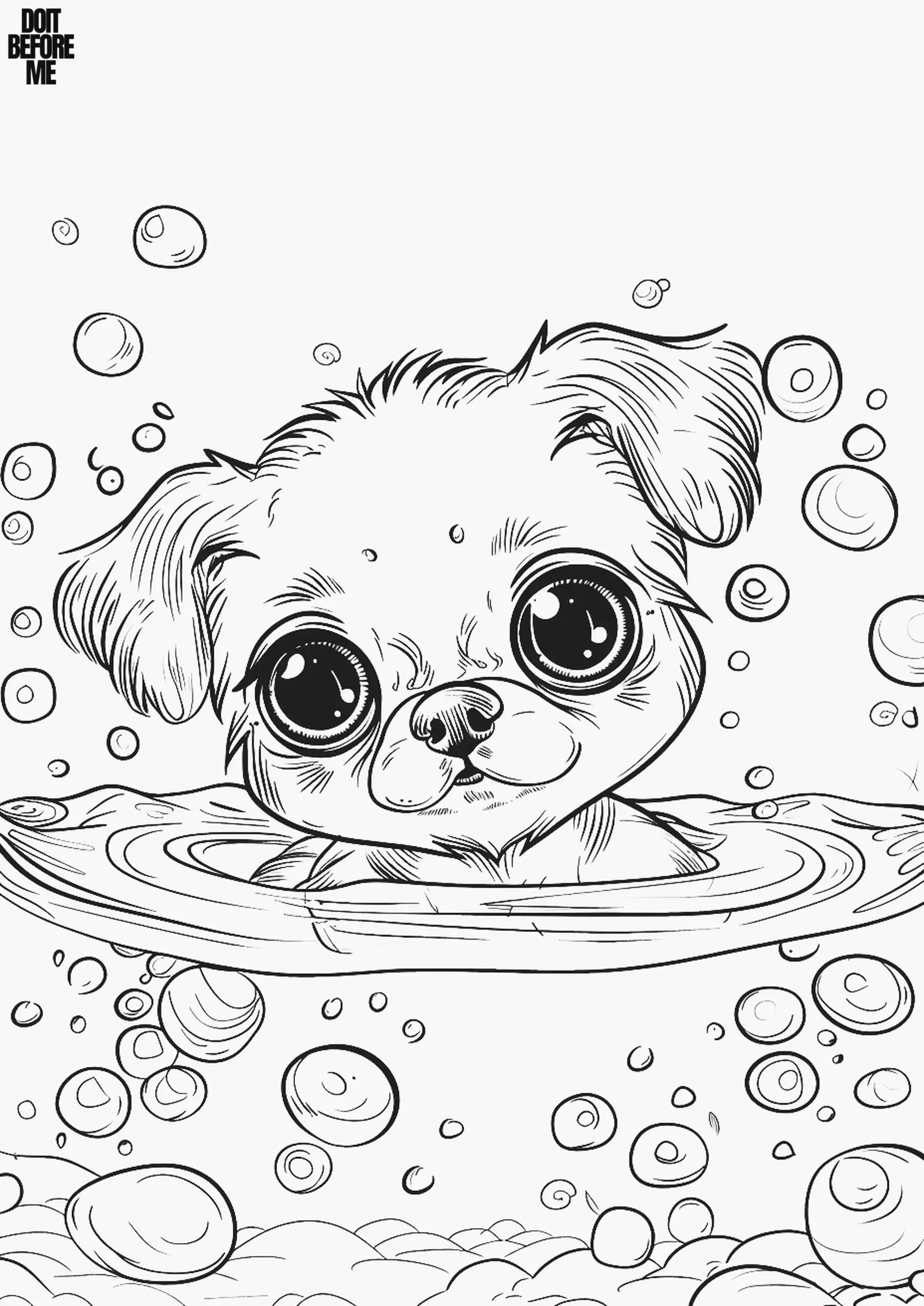 Cute baby dog puppy swimming and poking its head out of the water. There are bubbles at the background.