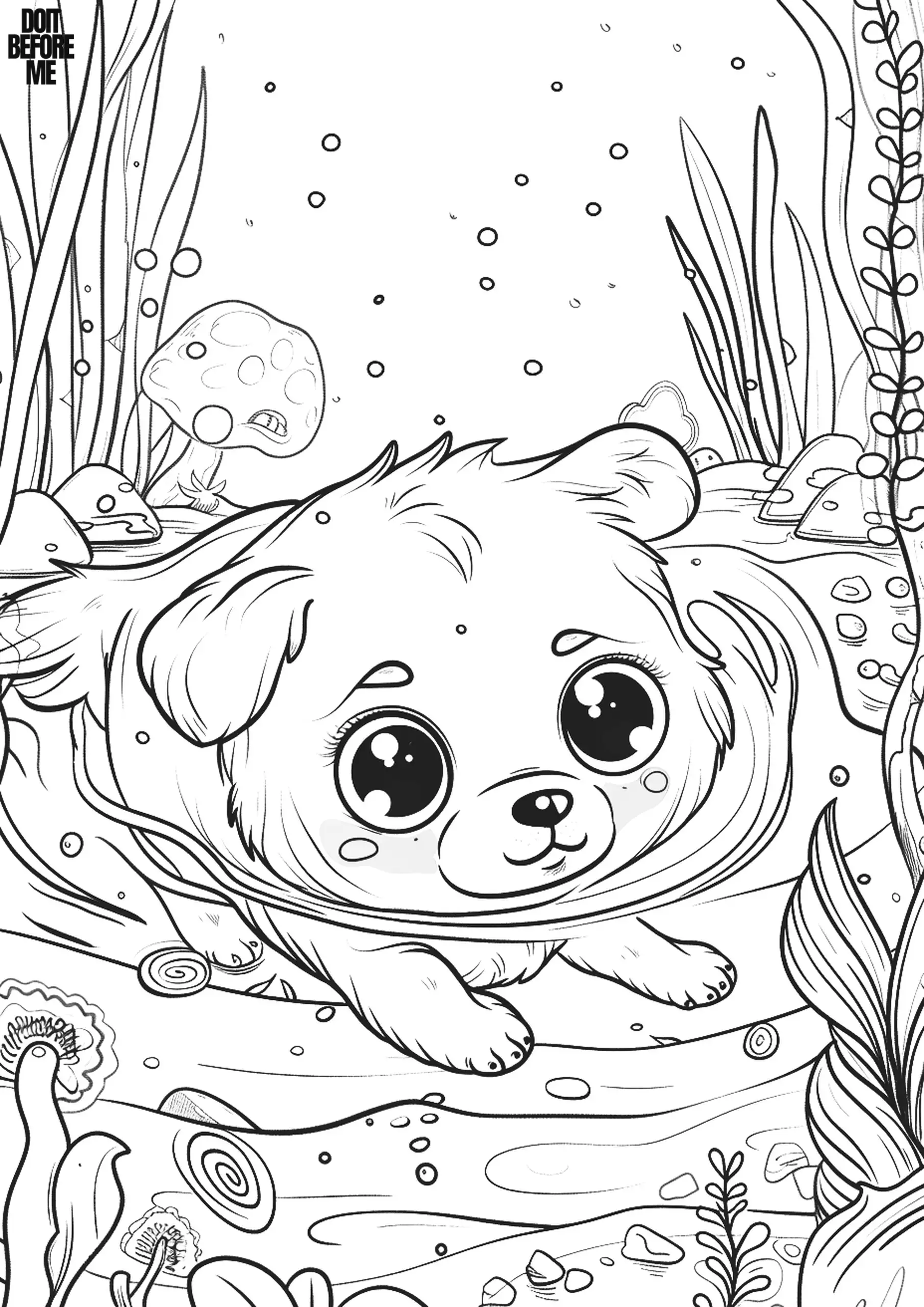 Dog with a curious expression swimming in a puddle in nature among sea plants.