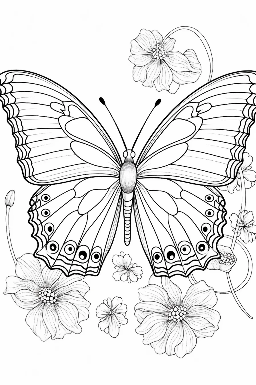 Delicate butterfly with detailed wings, surrounded by blooming flowers, designed for adults.