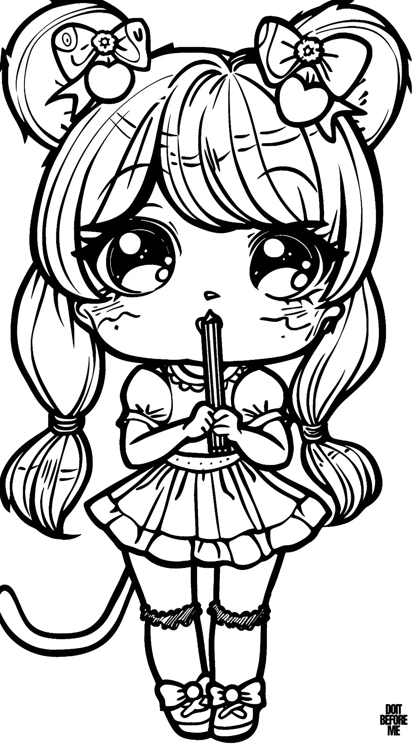 A well-dressed chibi kawaii girl coloring page, who holds chopsticks in her mouth, has huge eyes compared to her face, has her hair nicely combed and is decorated with ribbons. The girl also has a tail.