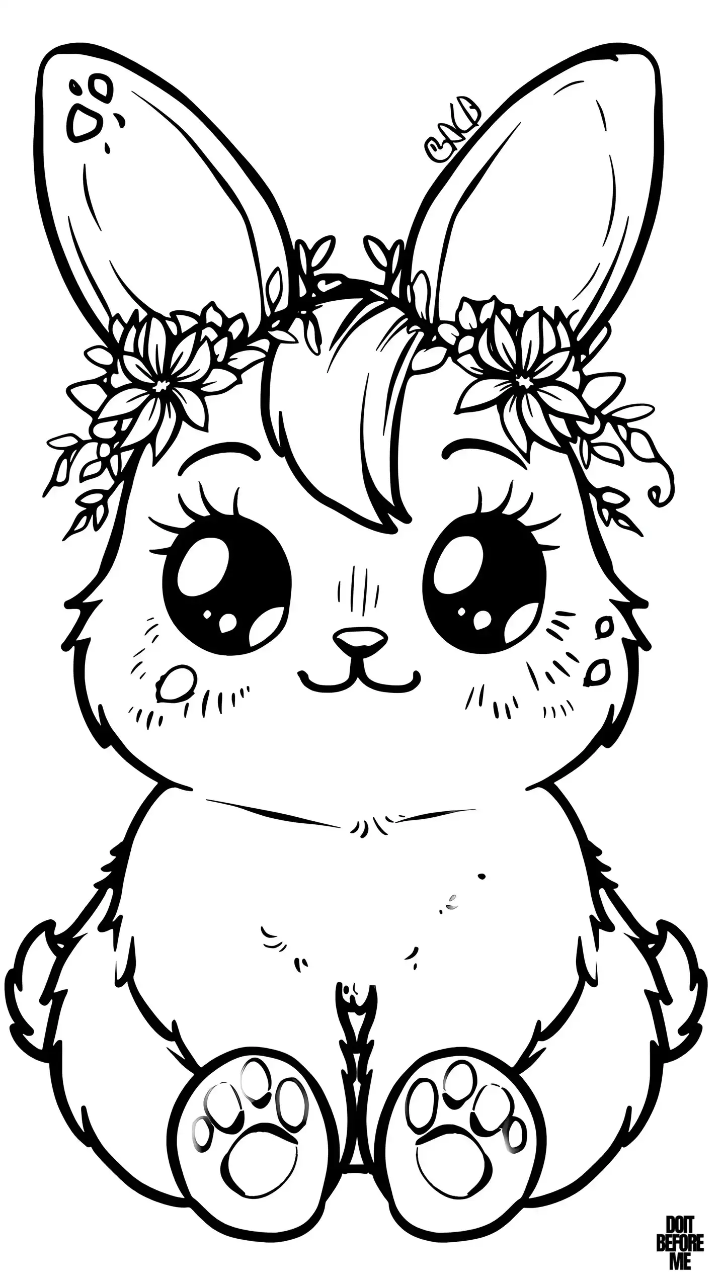 A coloring page featuring a kawaii cute bunny with big eyes, smiling and wearing a crown made of flowers on her head.