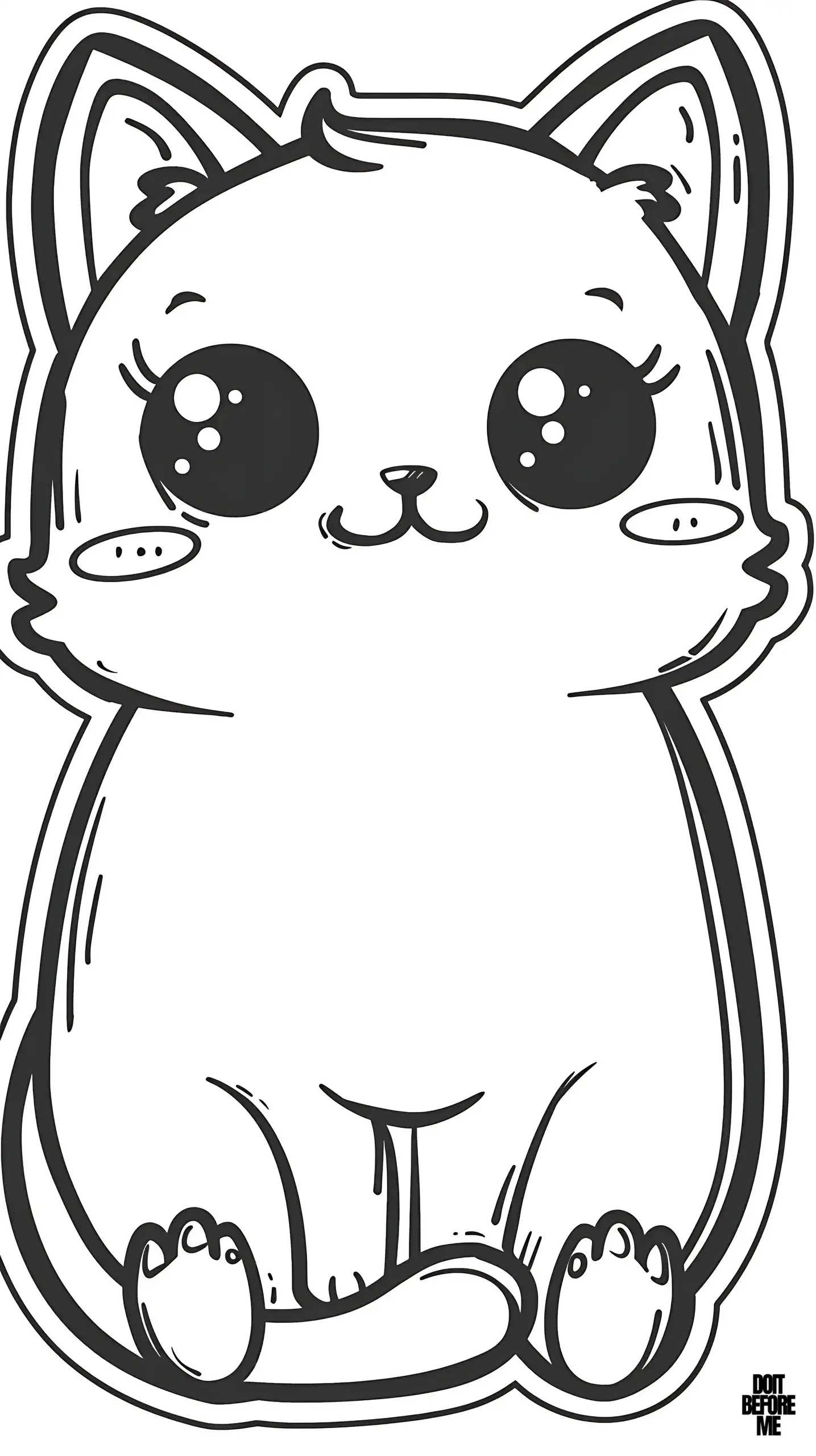 Printable coloring page featuring a large cat with red cheeks and a smiling expression. The cat's ears are upright, indicating it is listening attentively. The wide body of the cat provides a large area for easy coloring.