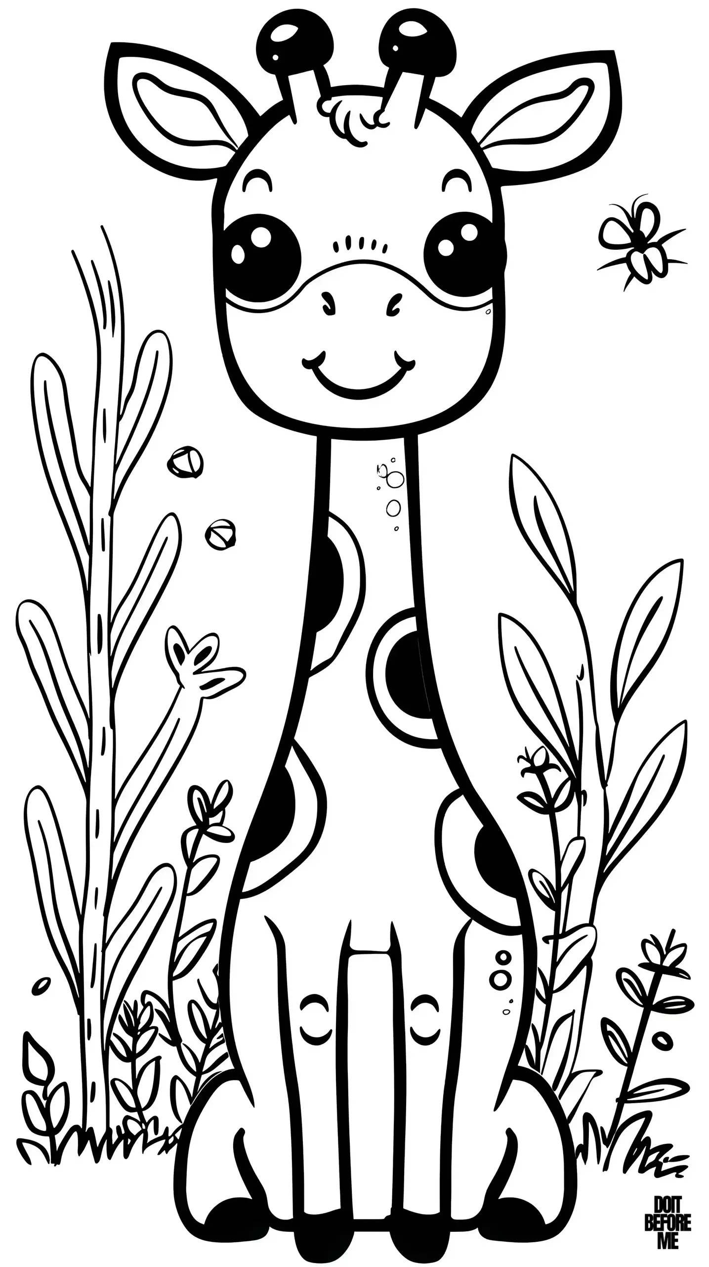 A baby giraffe sitting and resting peacefully among the savanna grass with a happy expression. An educational coloring page for children, featuring clear and easily distinguishable thick outlines.