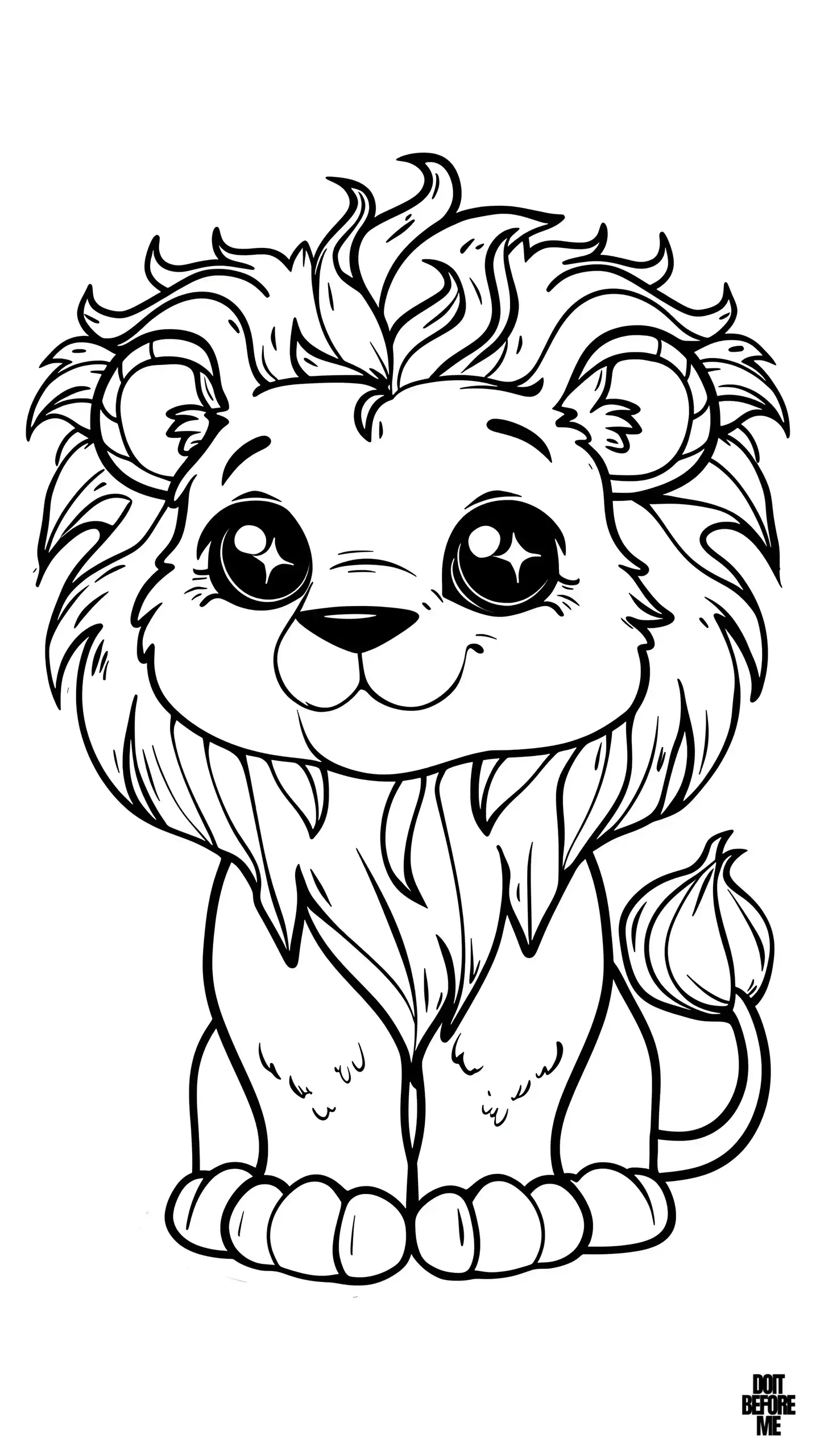 A handsome little male lion cub coloring page. The lion's mane looks quite grown and majestic for his age, and he has a smiling, sympathetic expression with sparks in his eyes, making him look hopeful for the future. Suitable for toddlers and preschoolers who are just starting to learn about animals.