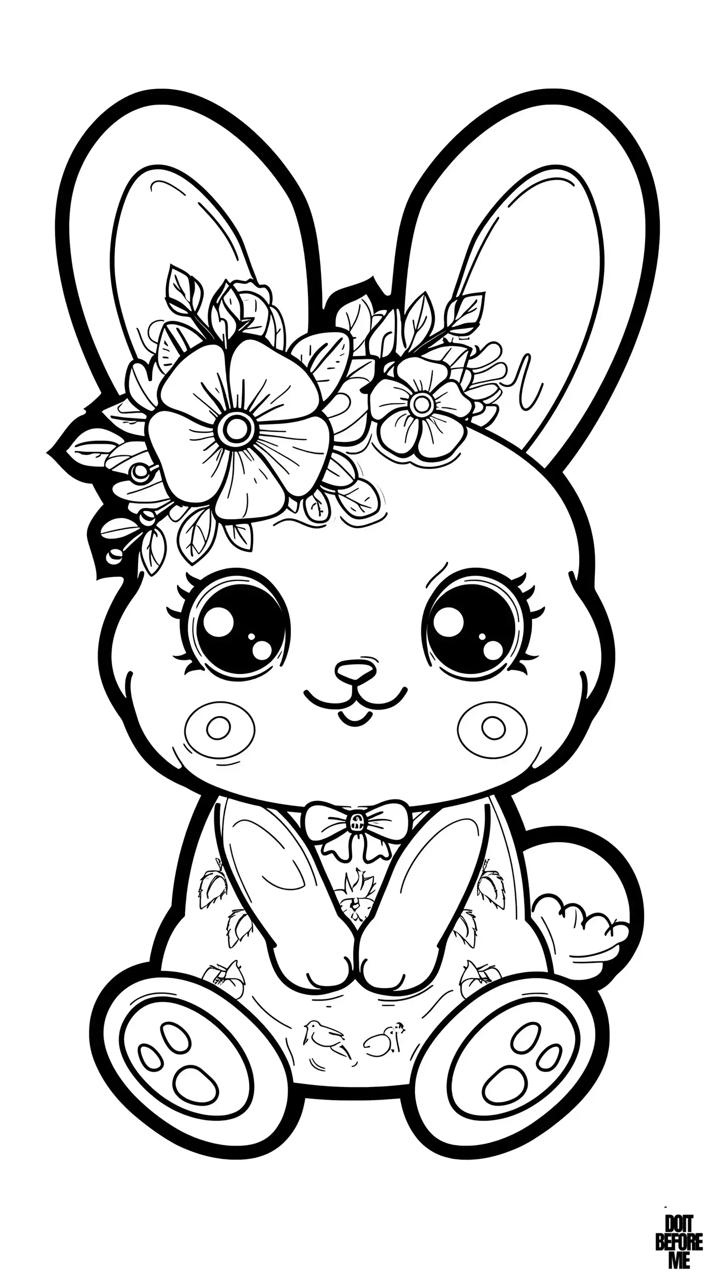 A baby girl rabbit coloring page for girls, her head decorated with flowers, one tooth sticking out, the baby's ears are upright, she is listening to the other person with curiosity, and she has a tiny ribbon around her neck.