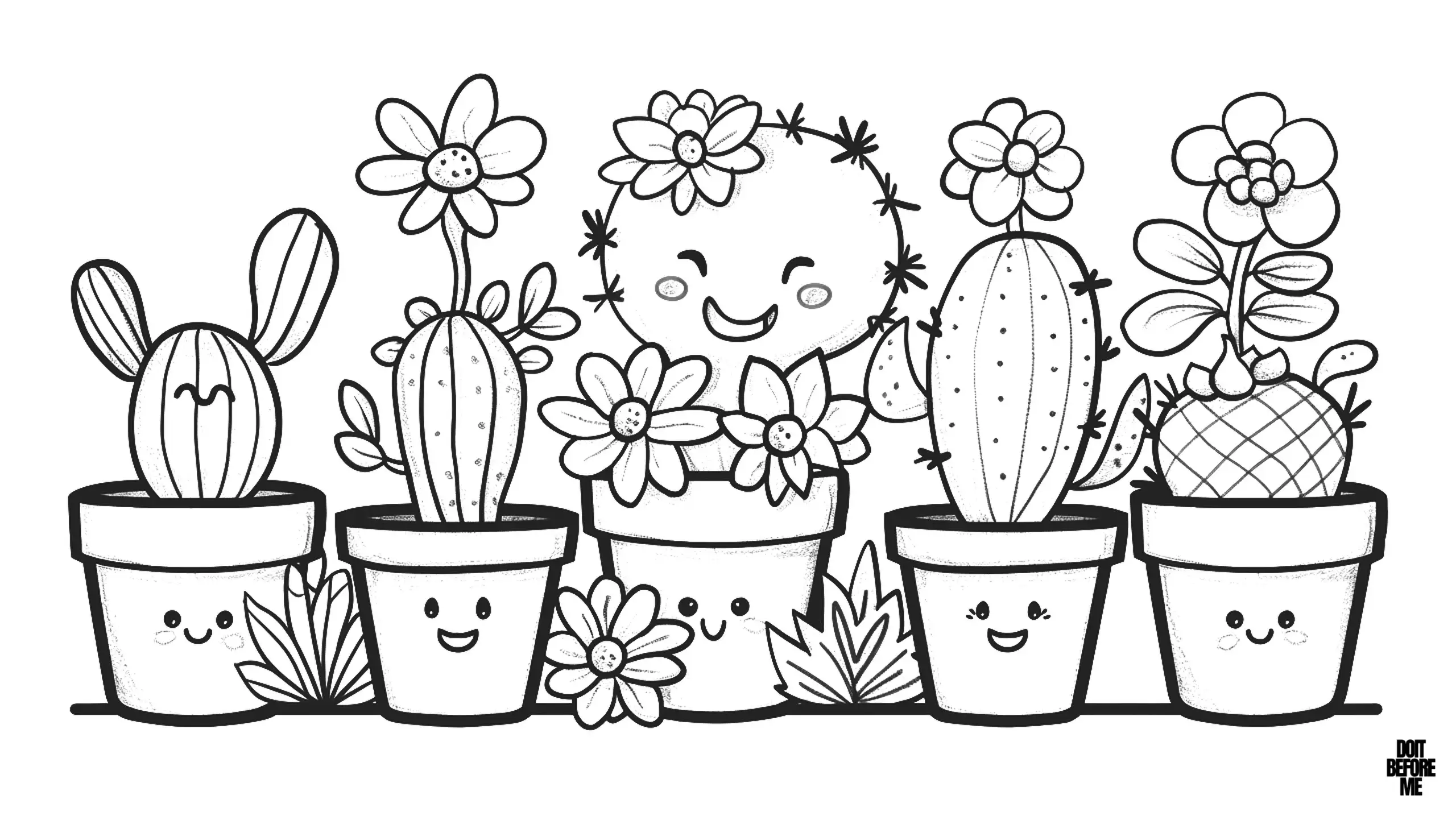 In order from left to right, the first cactus is a cactus with long, playful ears, adorned with a small flower on one ear. The second cactus is a tall cactus with several flowers blooming on its top. The third cactus is a round, fuzzy cactus covered in small blooms, with a smiling face in the middle. Its pot is wide and welcoming. The fourth cactus is a columnar cactus with small flowers on top and a cheerful expression. The last and fifth cactus is a succulent with broad leaves and several flowers blooming on top. All pots have cheerful smiles and happy faces. Since it is a slightly detailed coloring page, it appeals more to adults.