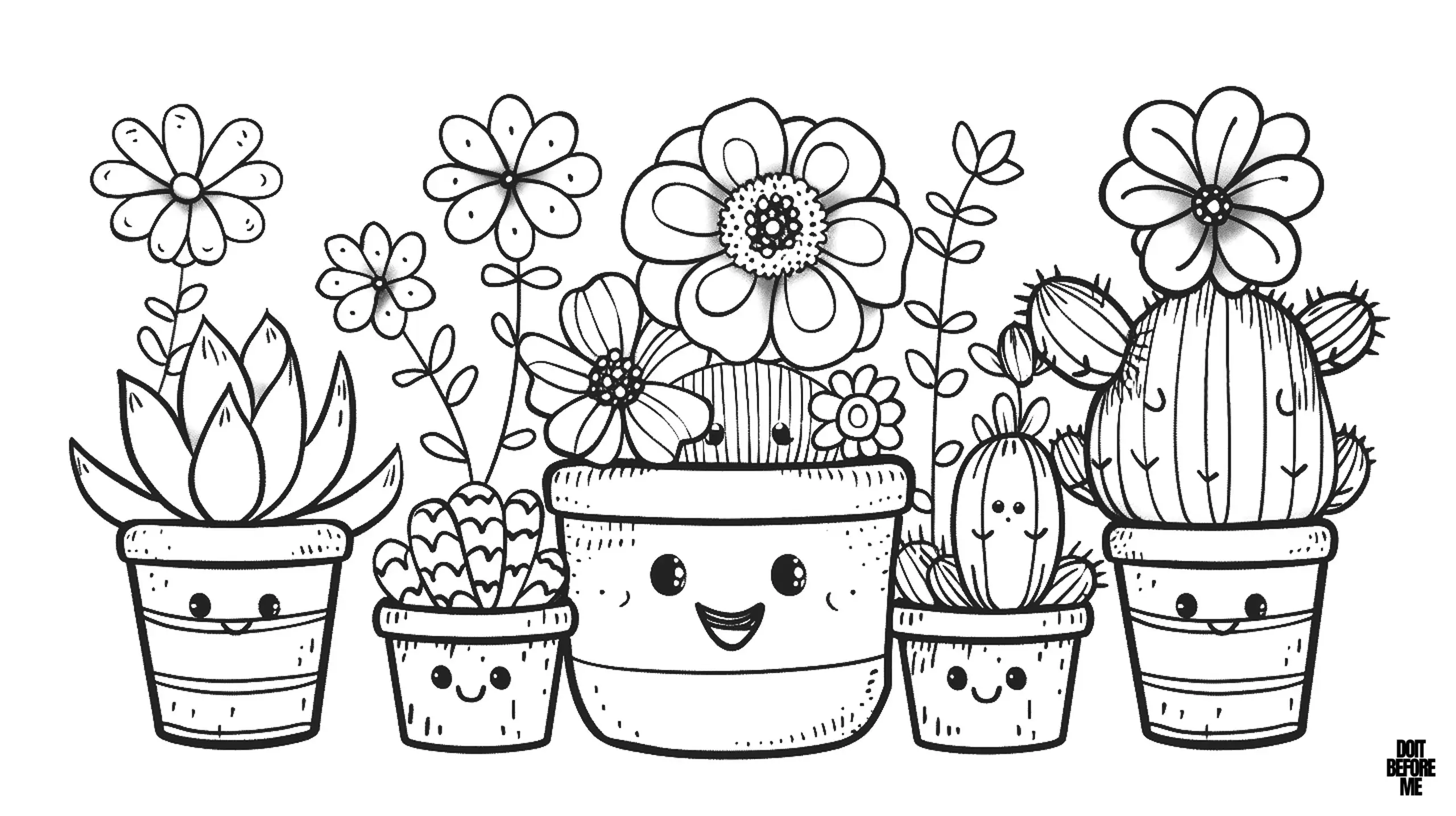 Printable coloring page featuring a collection of potted plants. Each pot has a cute, smiling face. The plants include various types of flowers and succulents, such as cacti and other flowering plants. The style is cartoonish and cheerful, designed to be endearing and suitable for kids coloring.