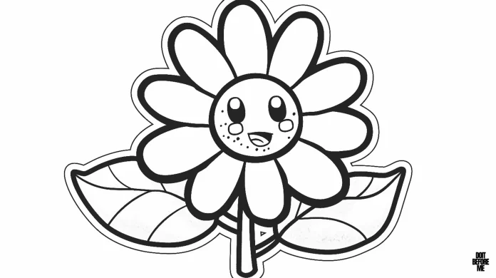 A cute and easy sunflower coloring page with a smiling face, flushed cheeks and two leaves. It is a simple flower coloring sheet suitable for toddlers and preschoolers to color, thanks to its easy to distinguish thick outline.