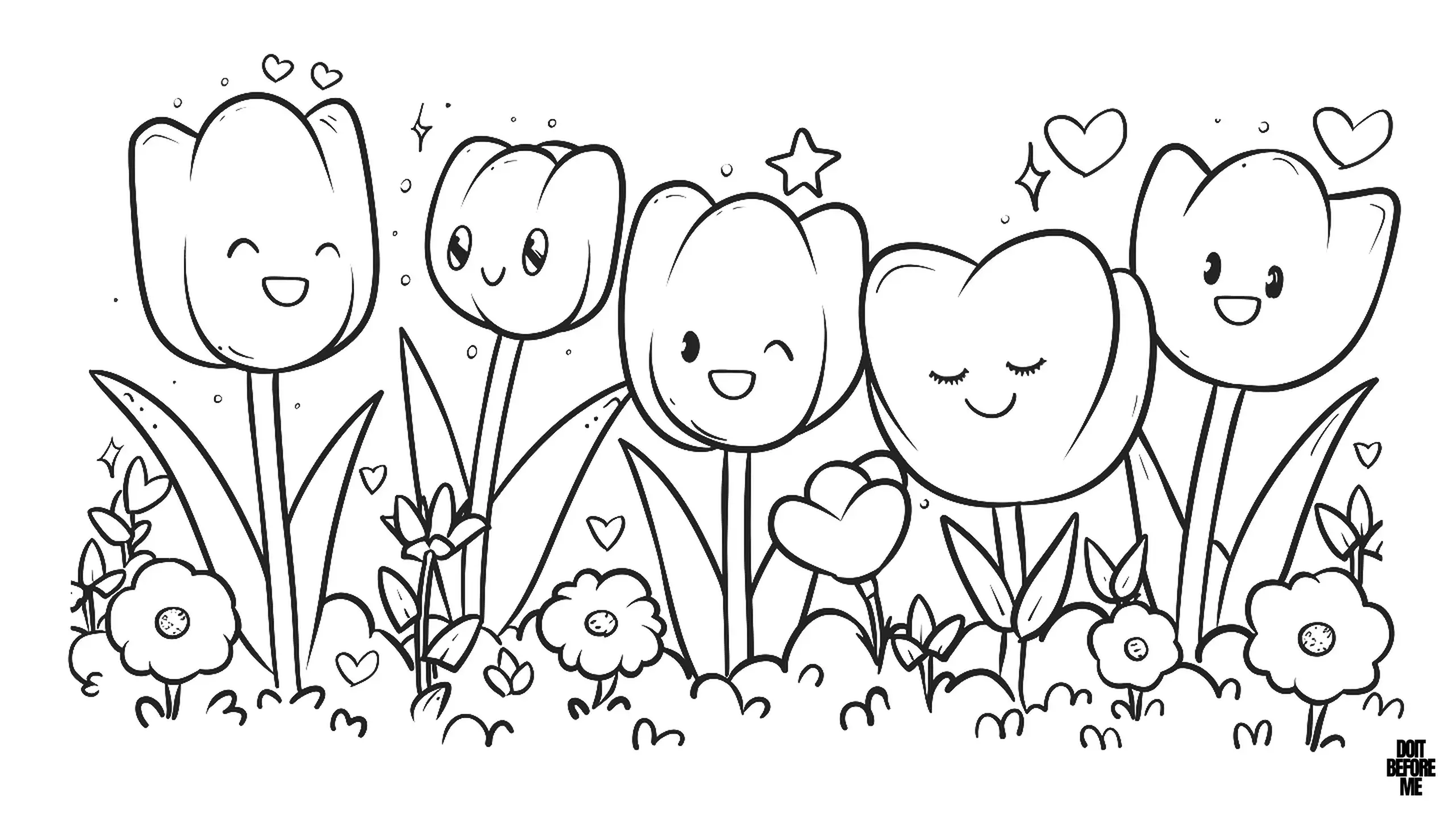 Cute coloring page of five tulips with happy and friendly faces. Each tulip has a unique expression: The first tulip on the left has a big smile with its eyes closed. The second tulip has open, round eyes and a cheerful smile. The third tulip has a winking eye and a small smile. The fourth tulip has closed eyes and a serene, content expression with a small smile. The fifth tulip has open eyes and a wide smile. The tulips are surrounded by smaller flowers and leaves, with some hearts and stars scattered around them.