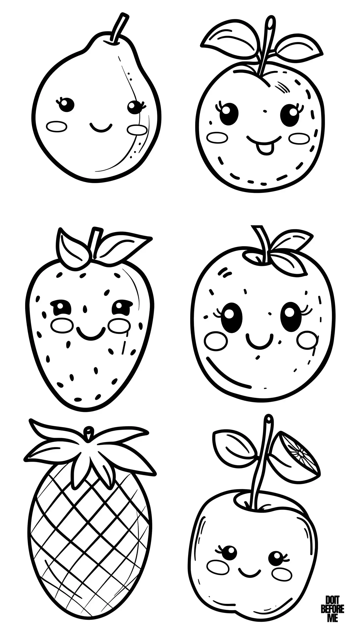 Easy printable fruits coloring page, including pears, apples, cherries, pineapples and strawberries, designed for toddlers and preschoolers who are new to fruits and colors.