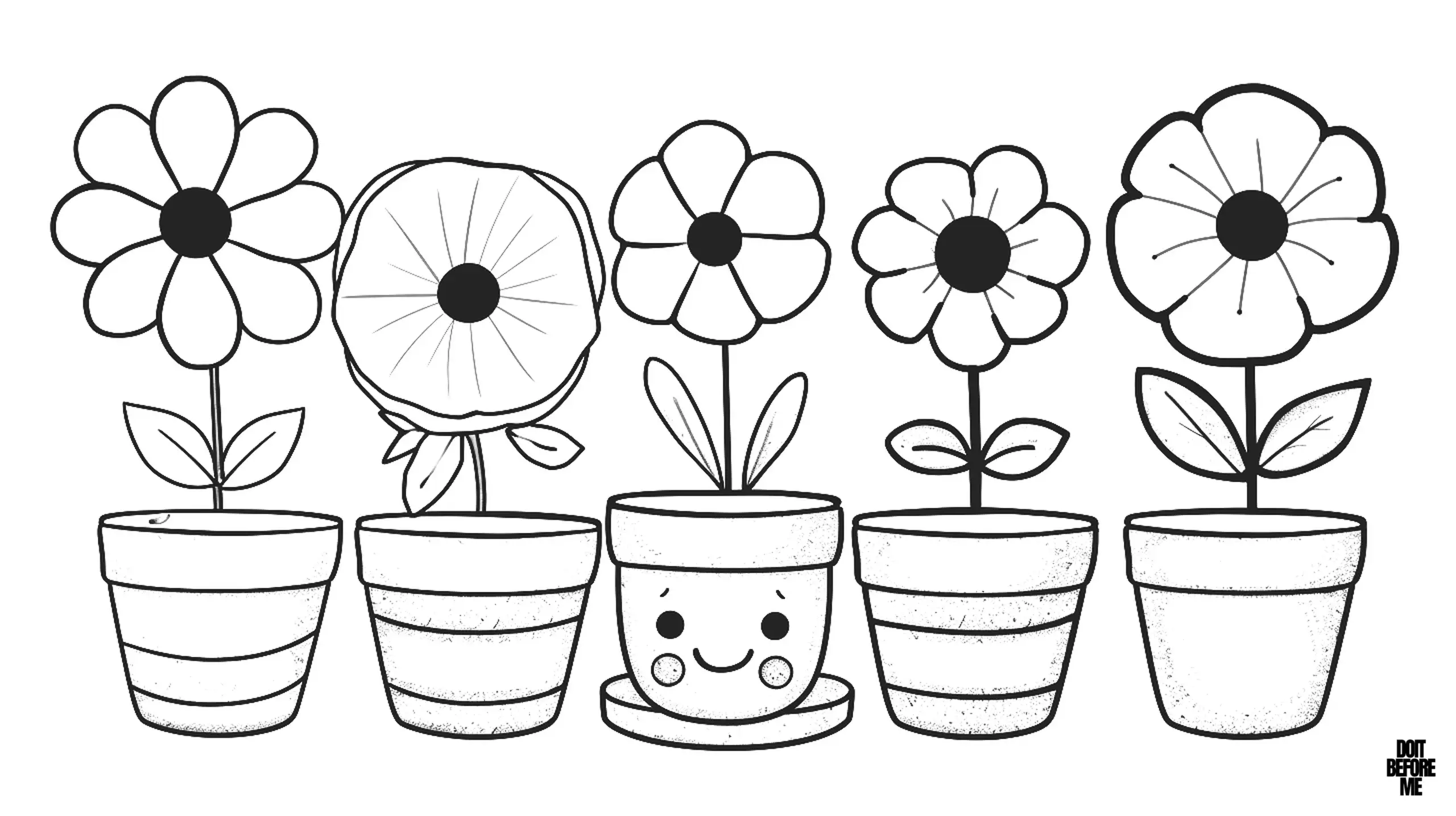 Row of five potted flowers, each with its unique charm, flowers have simple round petals and are planted in striped pots, easy to color design for kids.