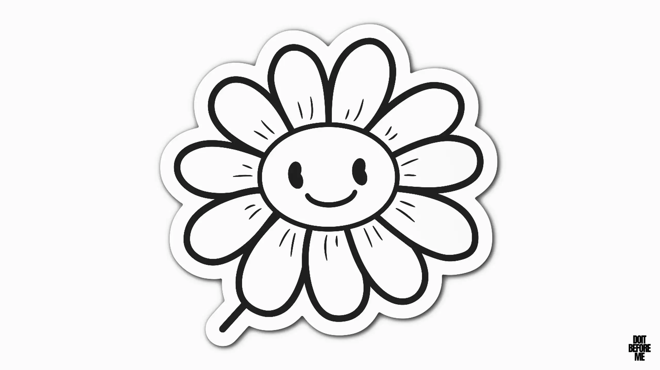 A simple and easy-to-color cheerful flower with a smiling face in the center, the flower has large, rounded petals radiating from a round face, which has two small eyes and a big smile, the design is outlined with a bold line, the large petals and simple face provide ample space for toddlers and preschoolers kids to easily color with crayons.