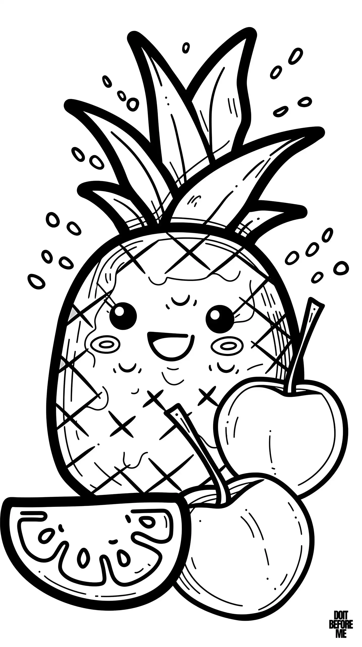 A happy, kawaii pineapple coloring page featuring a smiling pineapple with flushed cheeks.