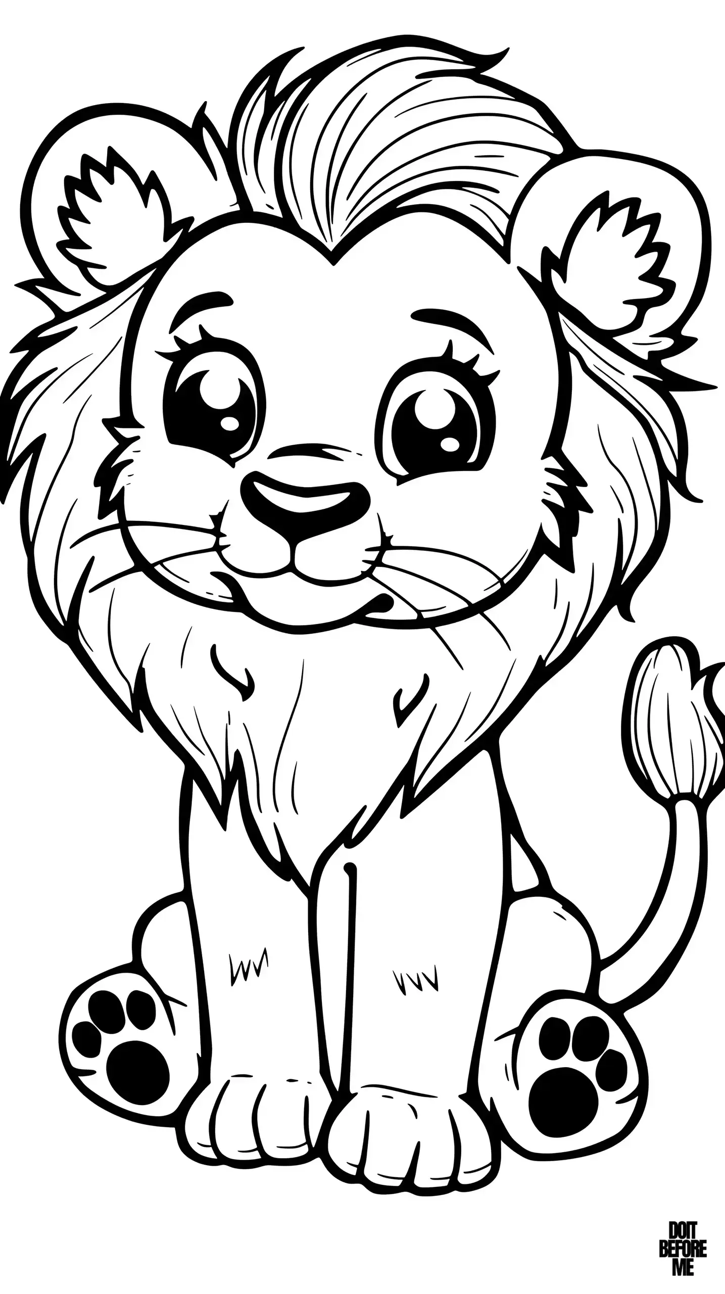 Cute male lion cub with a fluffy mane and a friendly expression. Its large eyes and charming easy details make it suitable for kids that brings out their love for animals.