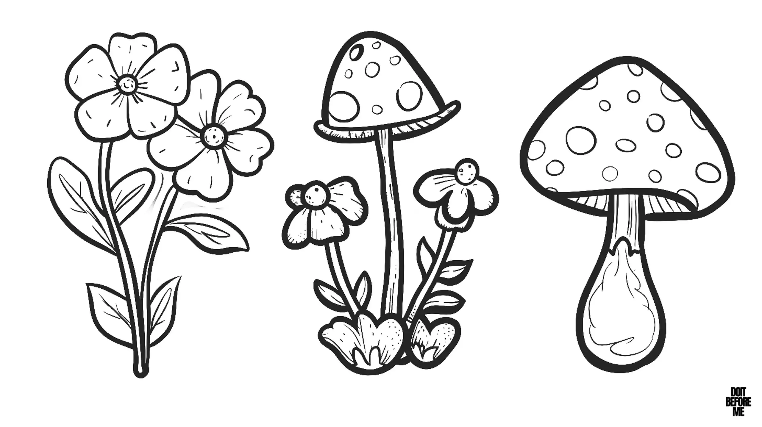 On the left is an inflorescence, a pair of flowers with round petals and simple leaves, in the middle is a relatively large mushroom with smaller flowers next to it, on the right is a large solitary mushroom with a broad cap covered in spots. A coloring page designed for adults