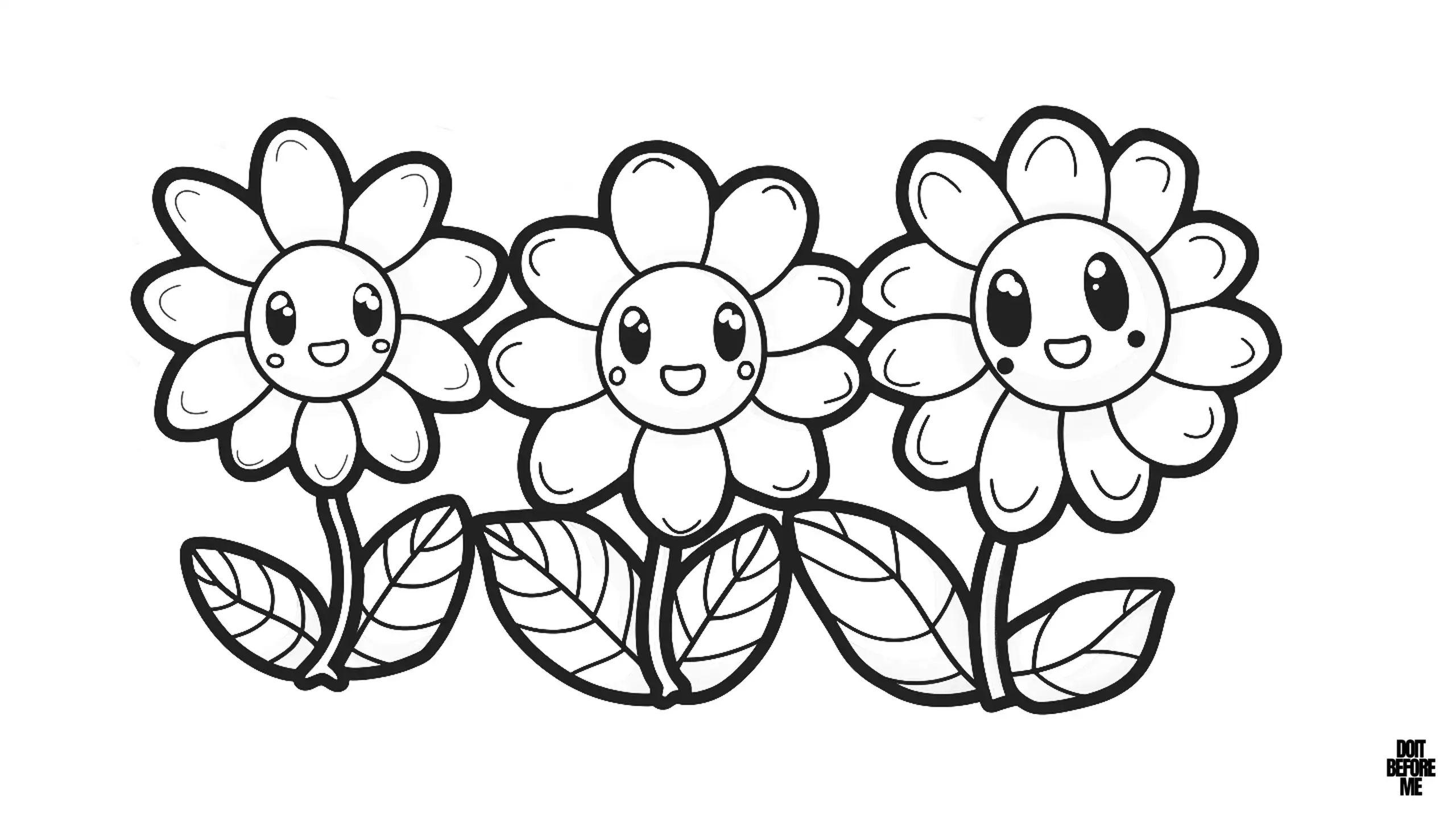 This coloring page for girls features three happy sunflowers, each with a cheerful expression. The flowers have large, round faces with big, expressive eyes and wide smiles. Each sunflower is surrounded by smooth, rounded petals and supported by a sturdy stem with two large leaves.