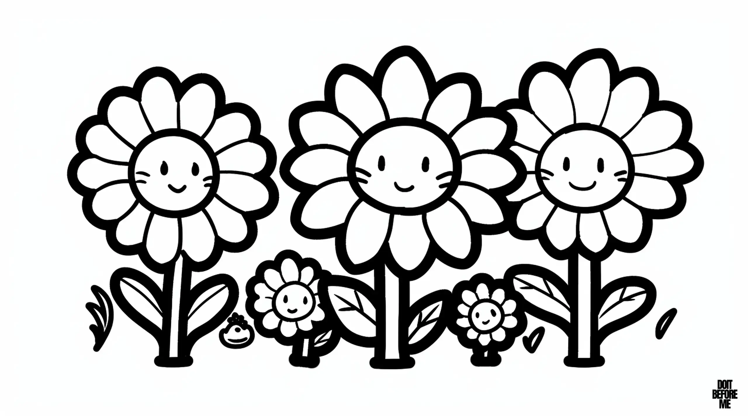 A happy family consisting of flowers, each cheerful and smiling, with thick and clear lines designed to be easy for preschoolers to color. There are three large flowers and three small flowers in the family. Each flower has round petals and expressive faces; Larger flowers have leaves on their stems. Small flowers stand close to larger ones.