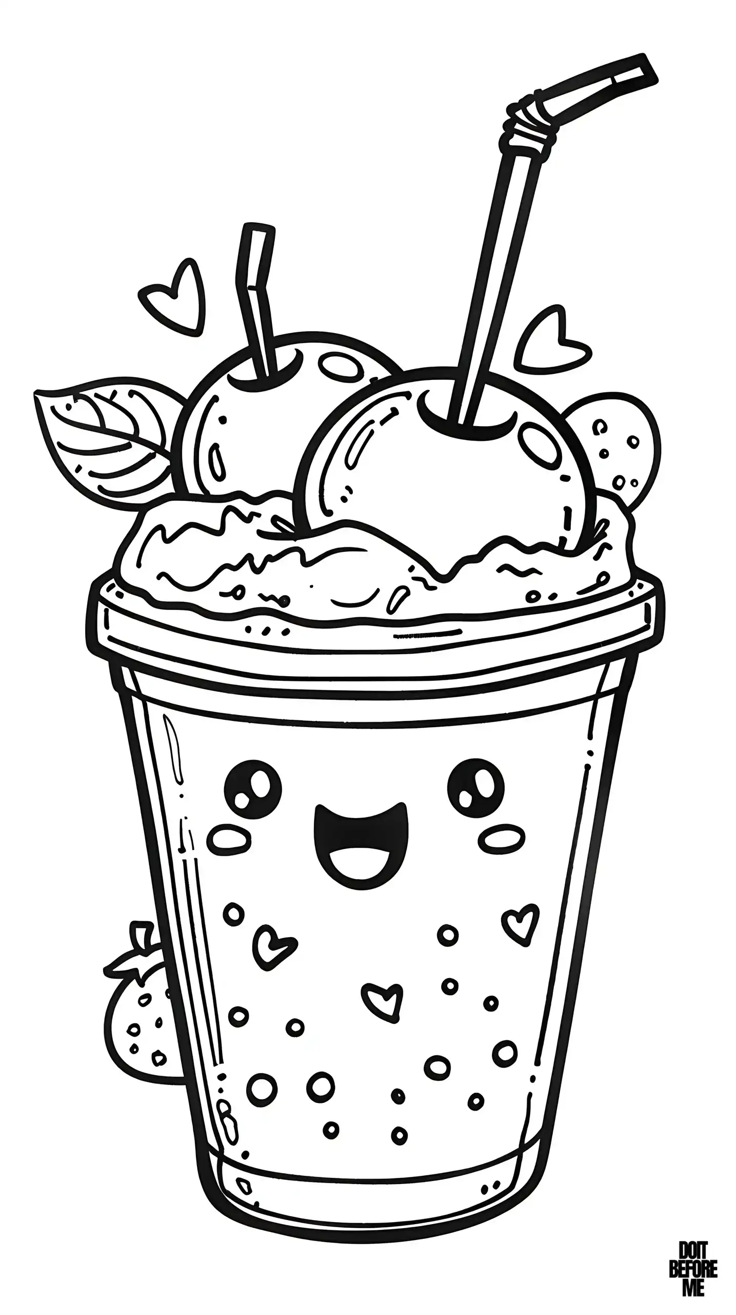 A cute fruit smoothie coloring page for kids with a smiling kawaii face on it, cherries on the top with a straw and hearts at the background.