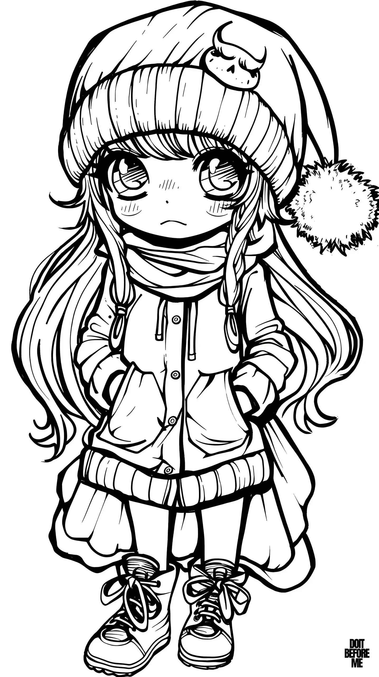 A cute girl dressed in cozy winter attire, including a pom-pom beanie, scarf, and coat, with an adorable pout on her face.