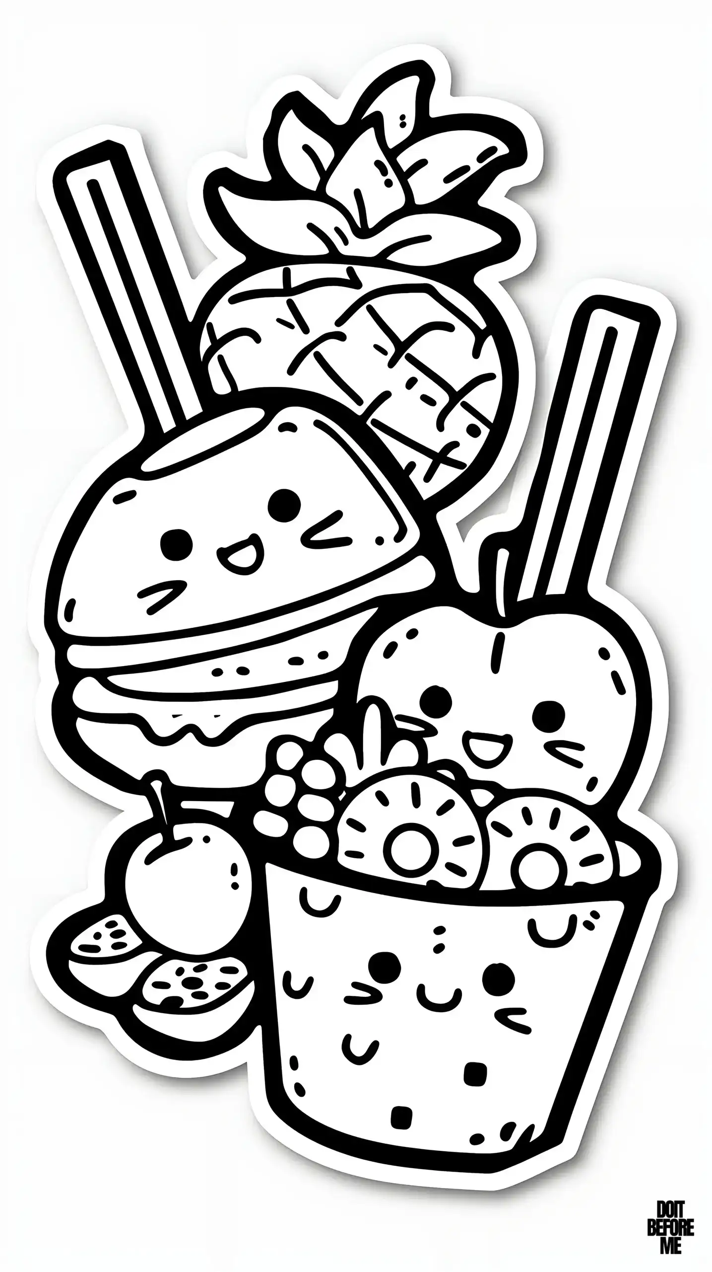 Kawaii food coloring pages for kids with fruits and hamburger snacks with cute little smiling faces on them.