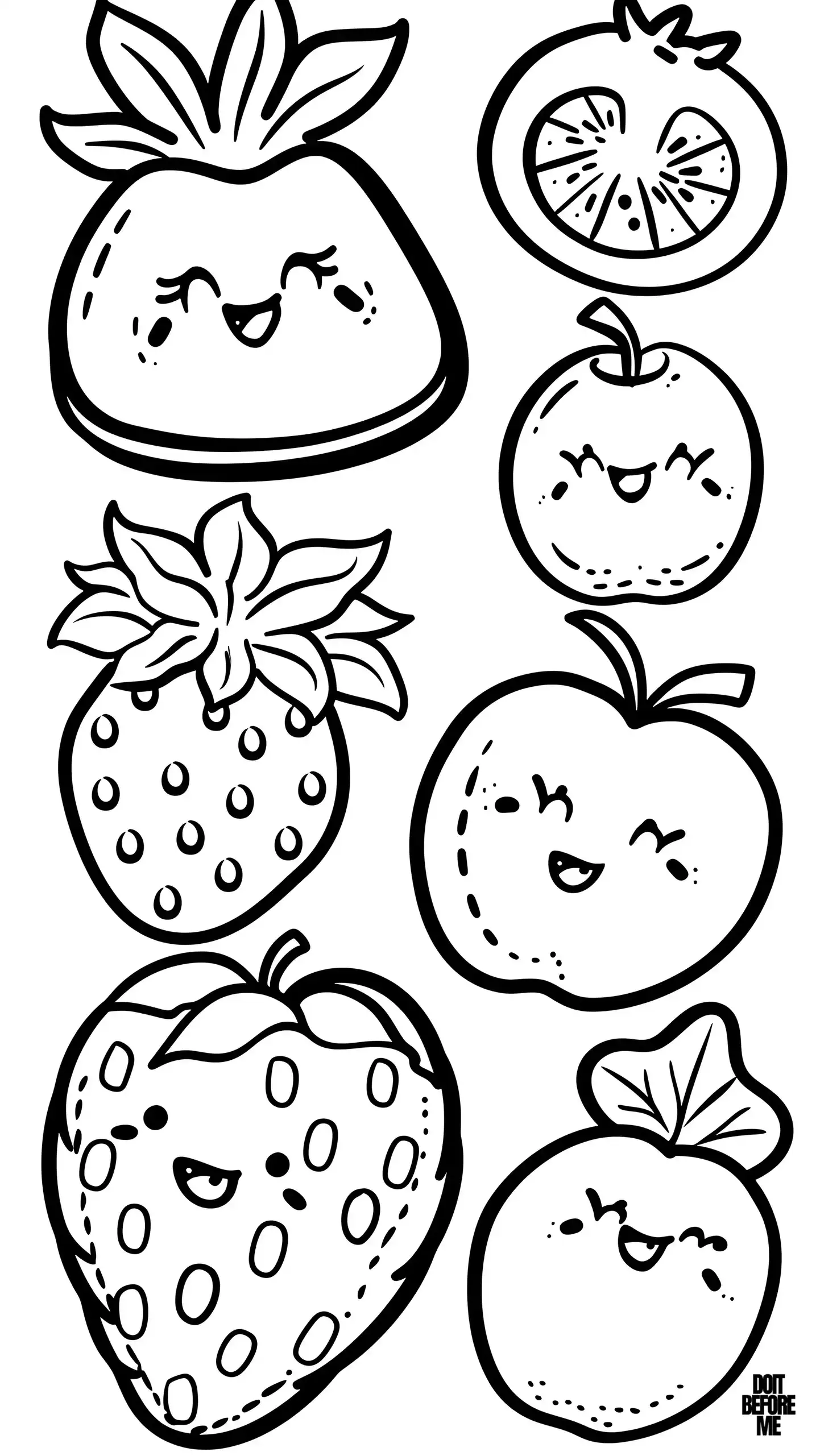 Printable fruit coloring page, featuring a strawberry, tomato, pear, and apple, was designed to be educational for toddlers and preschoolers to learn, recognize, and develop a love for fruits.