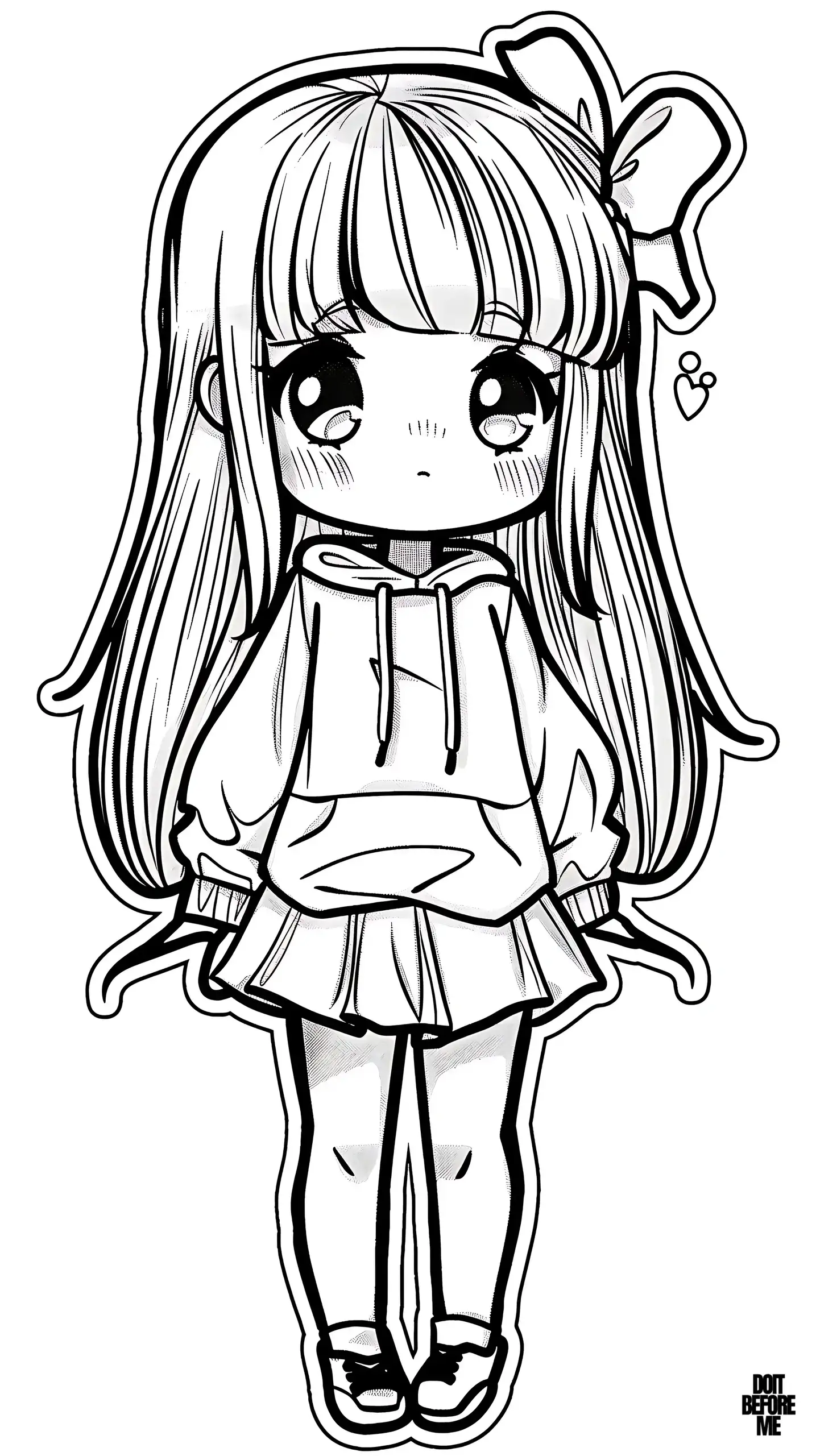 The shy anime kawaii cute girl coloring page with a ribbon on the side of her hair wears a hoodie and looks relaxed. It was designed especially for girls to color, with the possibility of personalizing and coloring the accessories in different colors.