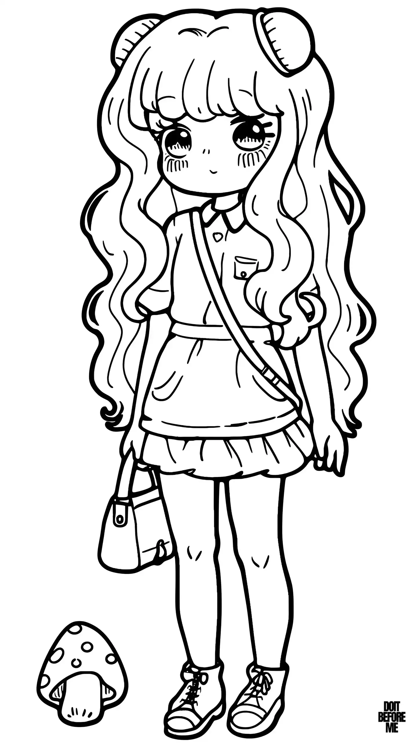 Charming kawaii girl with long, wavy hair and a shy smile, dressed in a simple outfit with a bag slung over her shoulder. A small mushroom adds a whimsical touch to the scene.