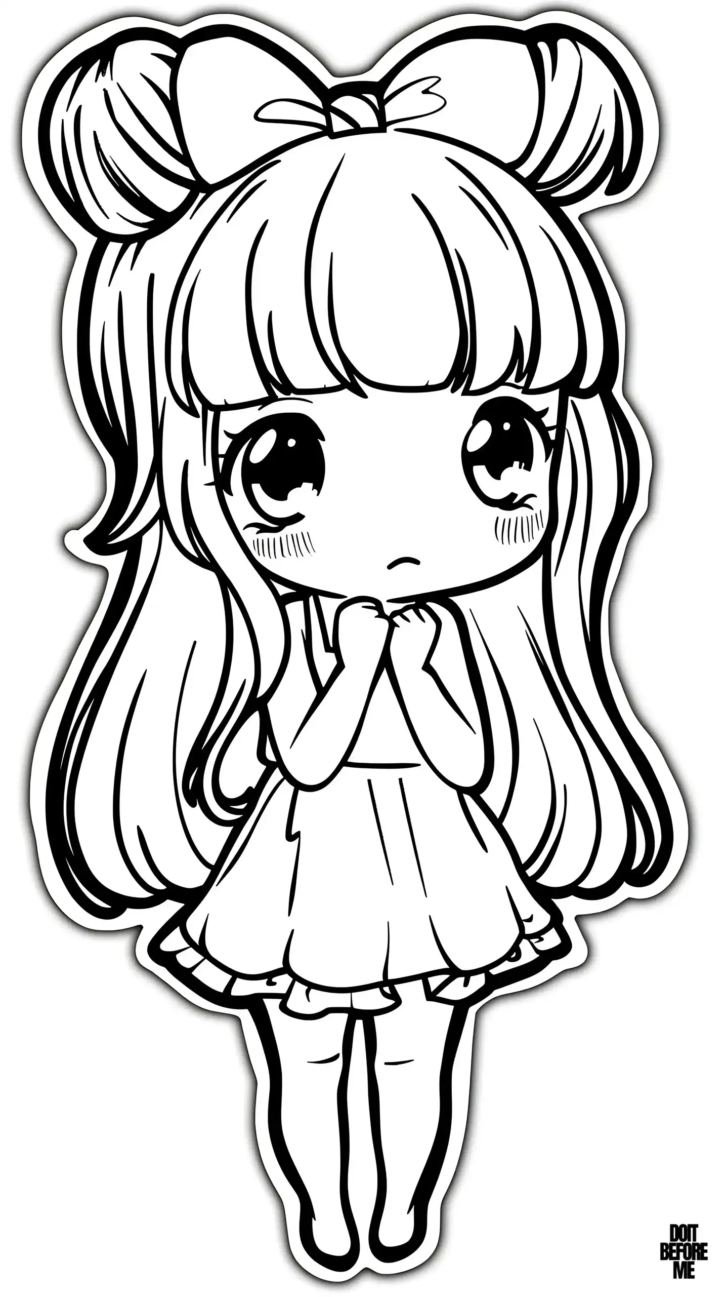 Coloring page of a shy anime girl with flushed cheeks and big kawaii eyes, the girl has long hair. It can be colored easily as it has no fine details.