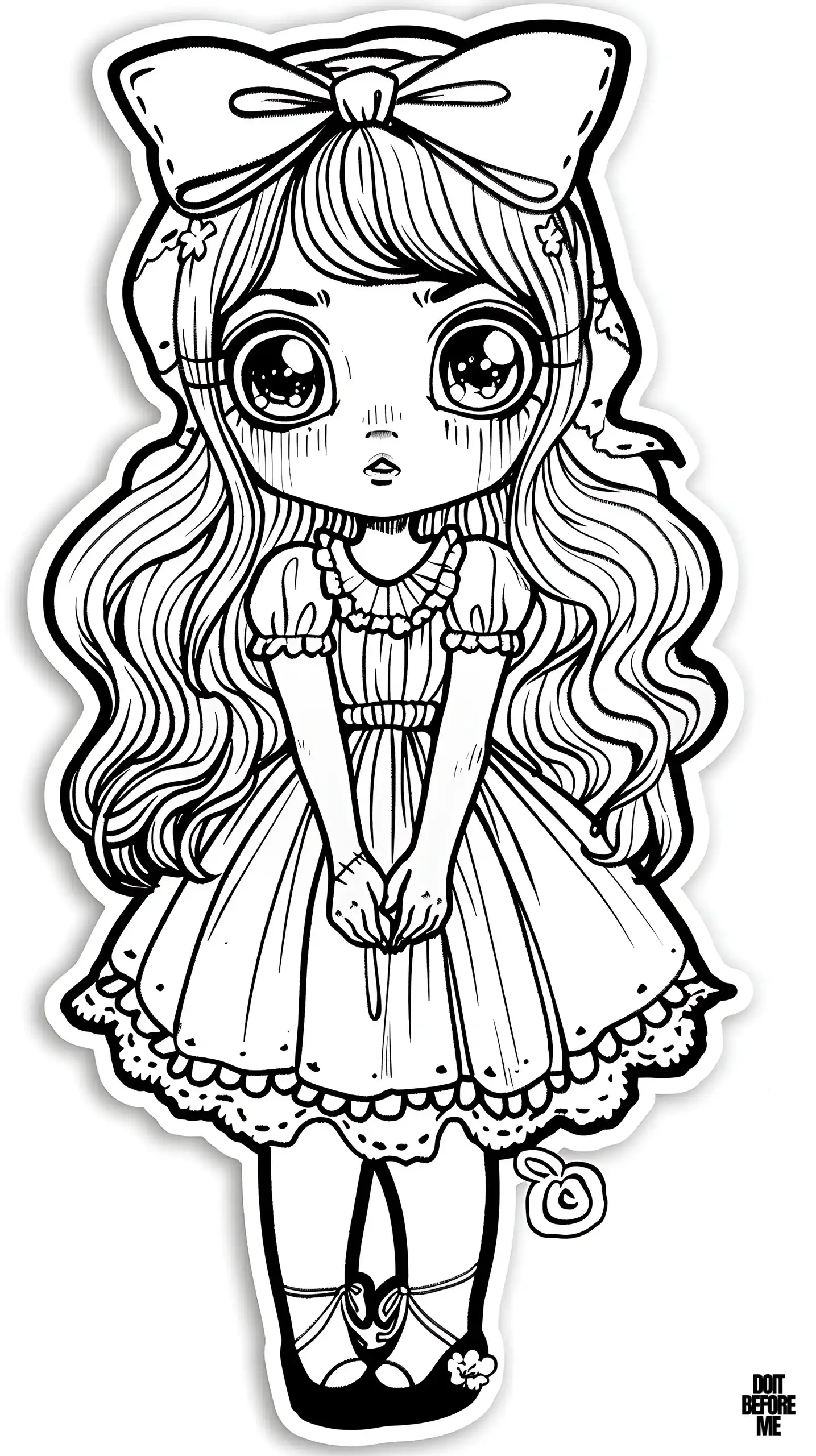 The coloring page, which features a well-dressed little girl with long hair and a big ribbon in her hair, looking surprised with her big eyes, and folding her hands on her stomach, can be easily colored by children as it has clear outlines. The girl's surprised facial expression makes the coloring page suitable for adults to color.