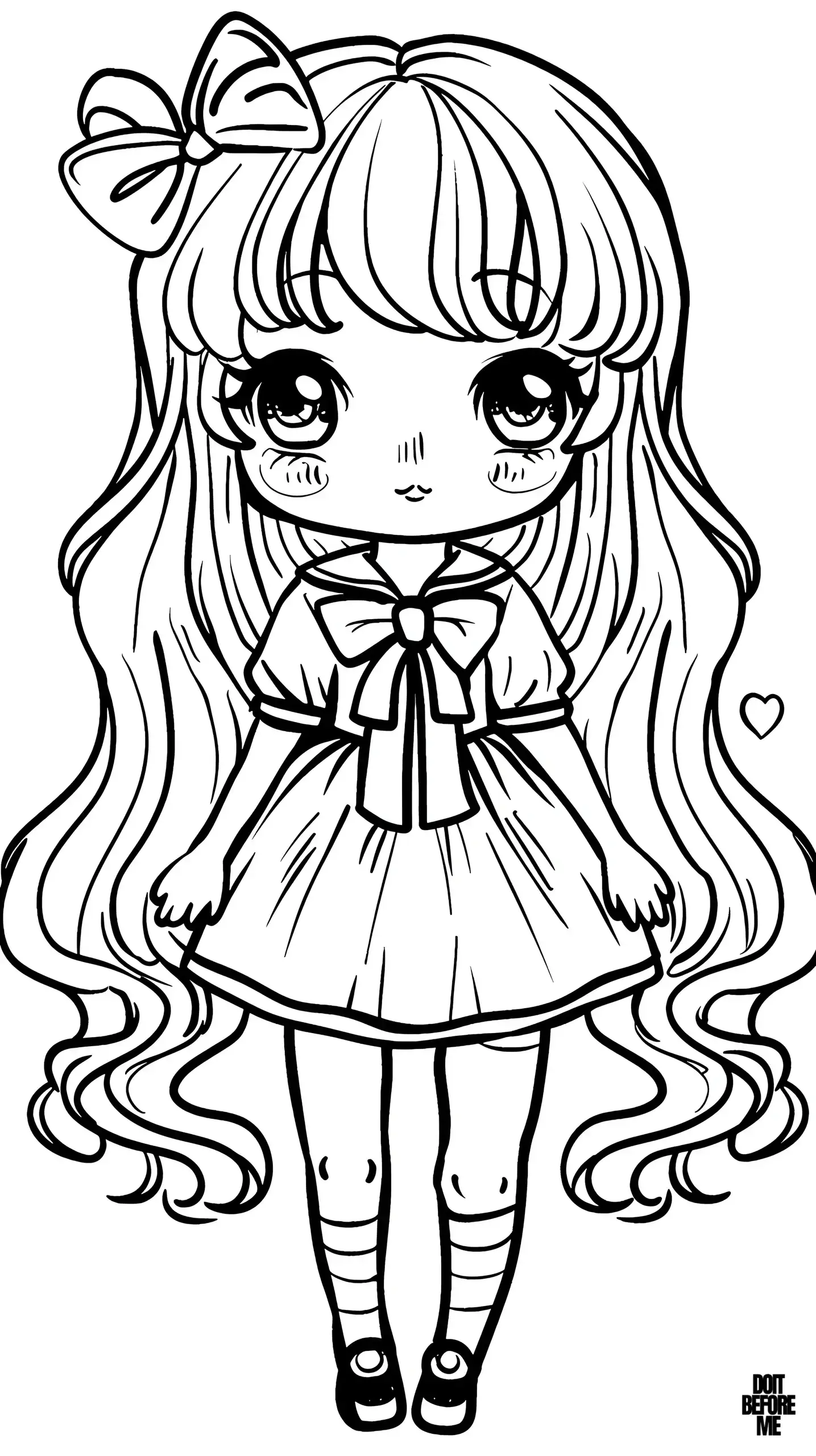 Kawaii easy girl coloring pages for kids, the girl has a stylish summer outfit with ribbons, she has long hair touching the ground and a barrette in her hair, she has a smiling facial expression, her cheeks are flushed with happiness.