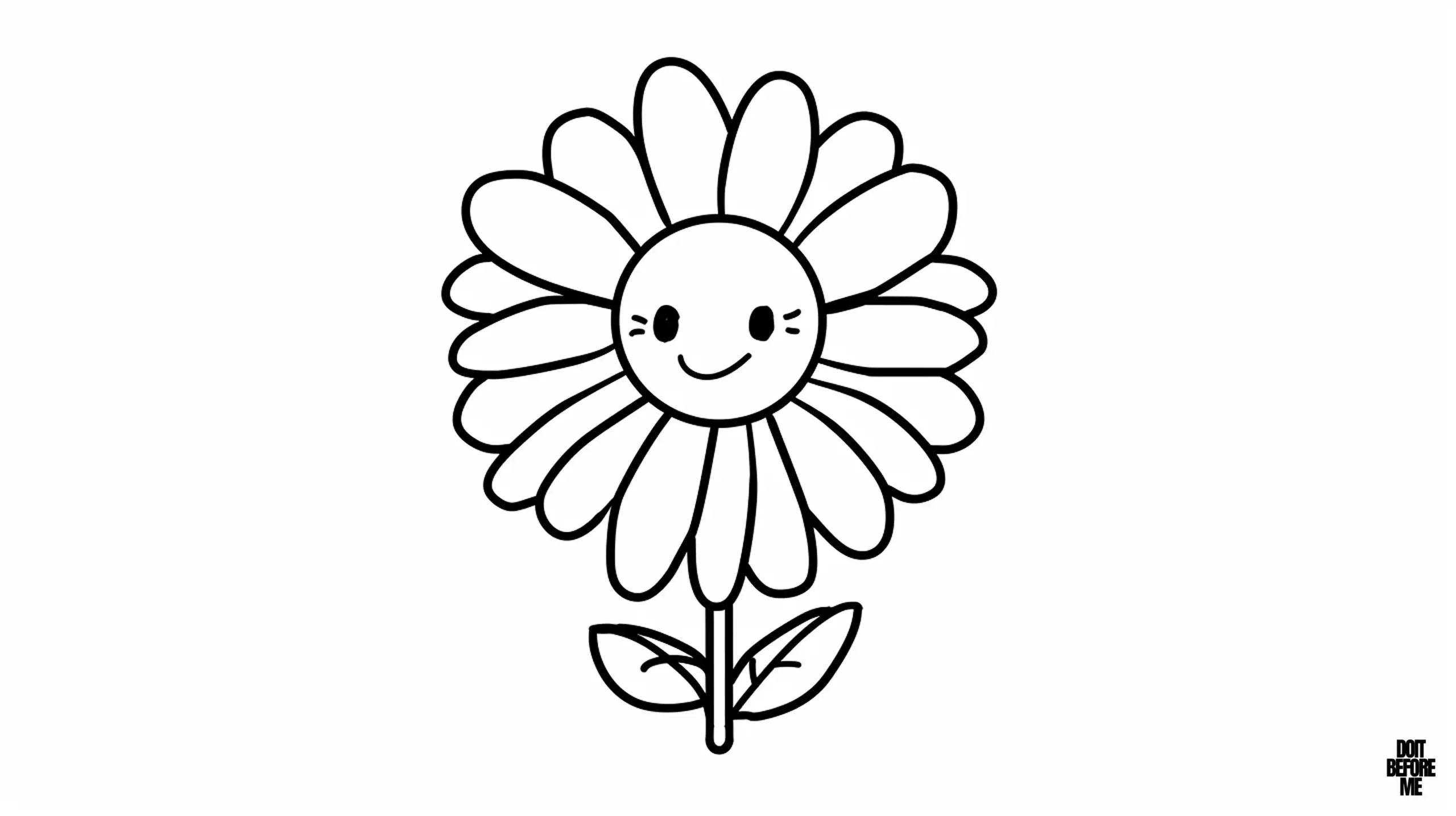 Simple and easy yet cute flower with a smiling face in the center, designed for preschool, the flower has a round cheerful face with blush marks and a wide smile, surrounded by large smooth petals with two leaves sprout from the stem.