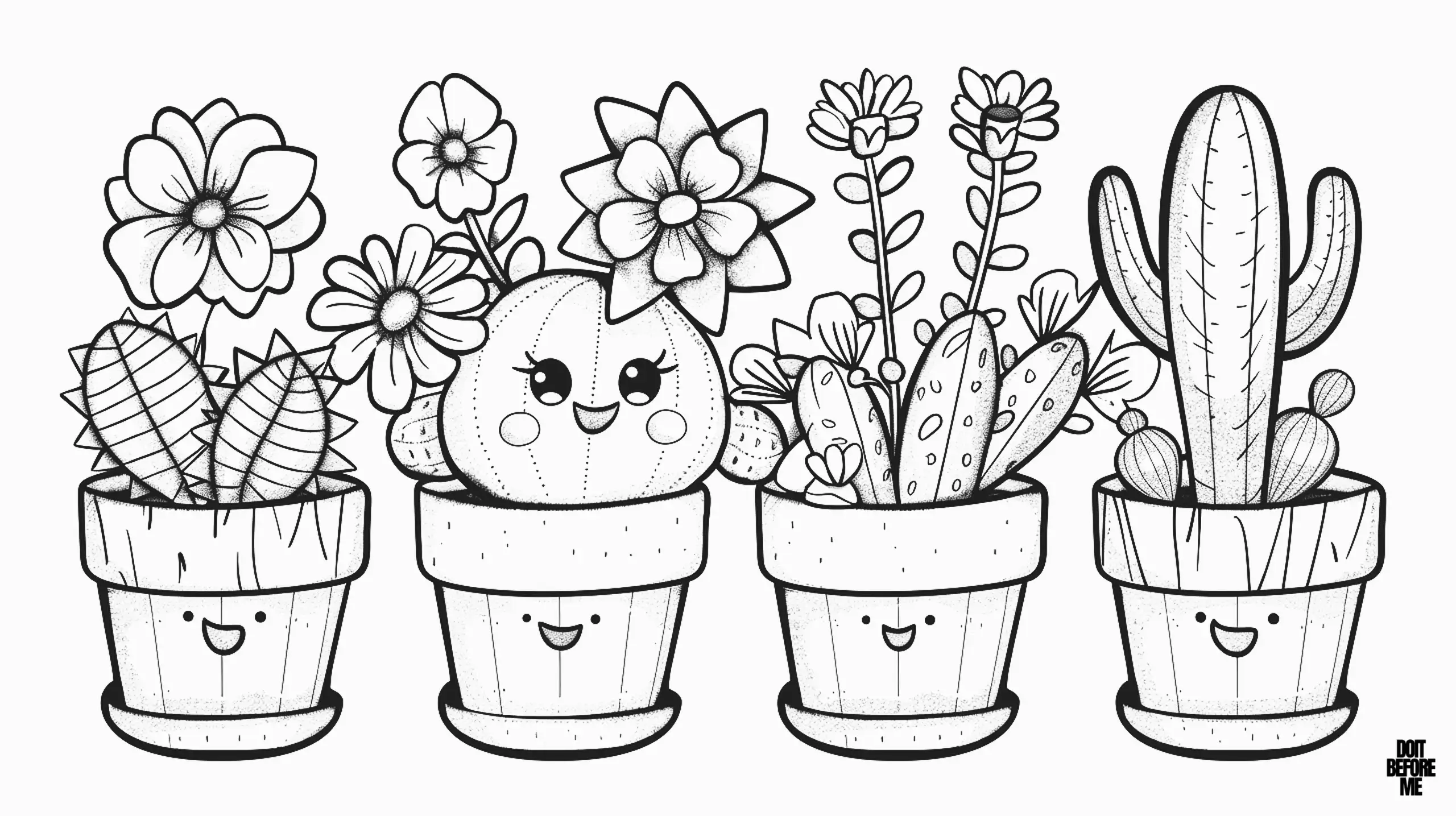 Collection of potted cacti and succulents, each adorned with flowers, pots have smiling faces with happy expression, the variety of plants includes different shapes and sizes, suitable for the coloring of kids, with some having blooms.