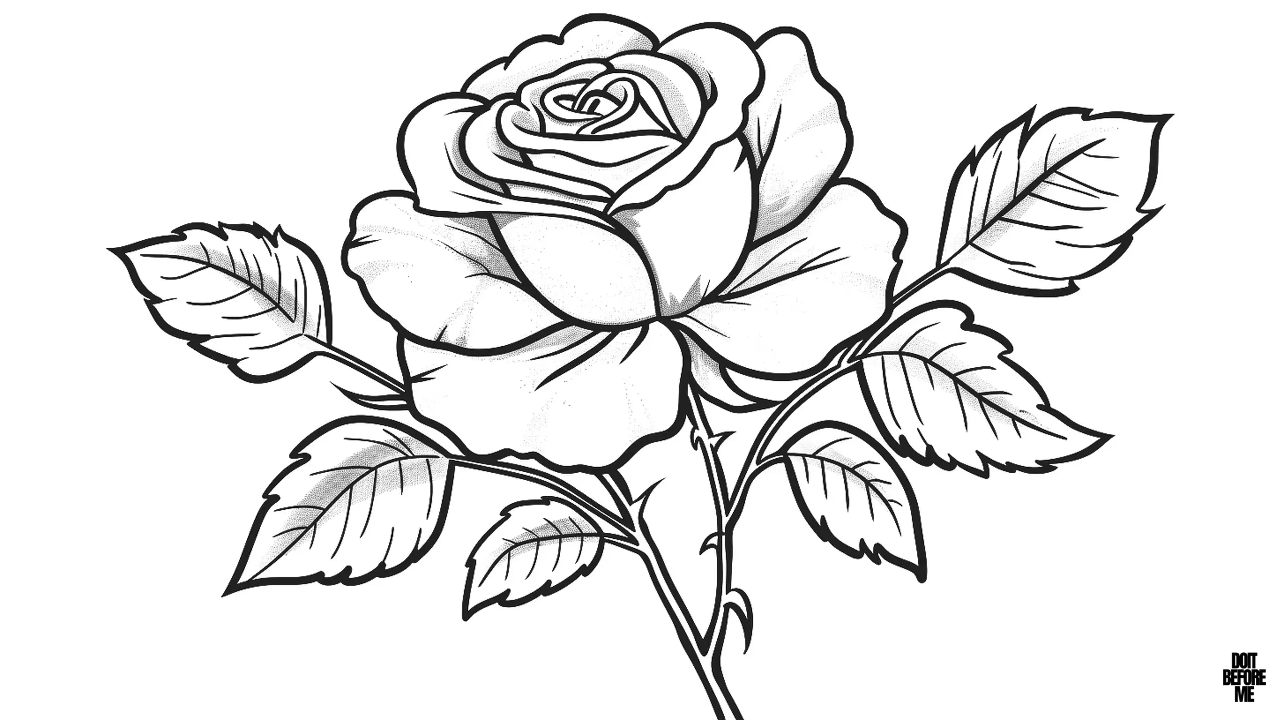 A rose coloring page with detailed petals and leaves and thorns on its stem, designed for adults and experienced coloring lovers.