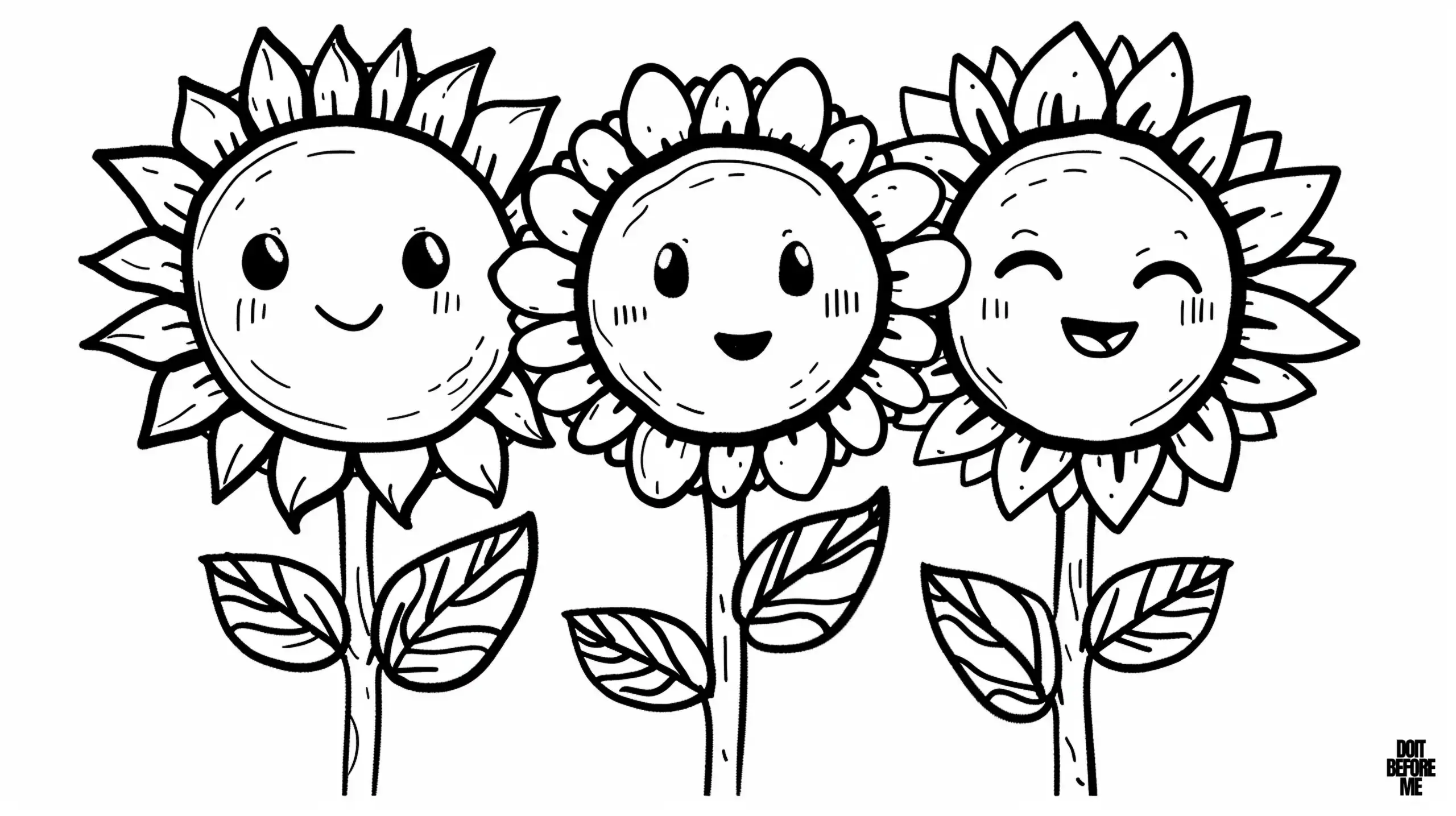 Three happy sunflowers, each with a unique and cheerful expression, from left to right, the first sunflower has a simple, happy expression with a gentle smile. Its face is round, and it is surrounded by large, smooth petals, the second sunflower has a cheerful, open-mouthed smile. Its face is slightly rounder with blush marks on the cheeks, the third sunflower has a laughing expression, with closed eyes and an open mouth. Its face is round and friendly, surrounded by large, detailed petals.