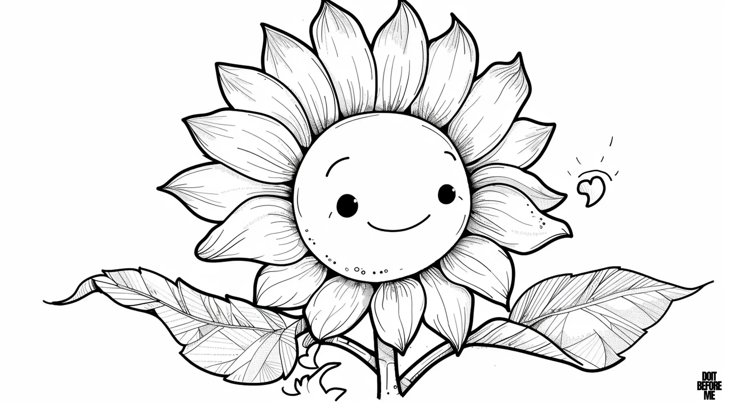 A happy sunflower with a cute face that spreads joy by smiling. The sunflower's face is round, has two eyes and a soft smile. In addition to being surrounded by large, detailed leaves, it also has two large leaves on its stem. There is a small heart right at the beginning.