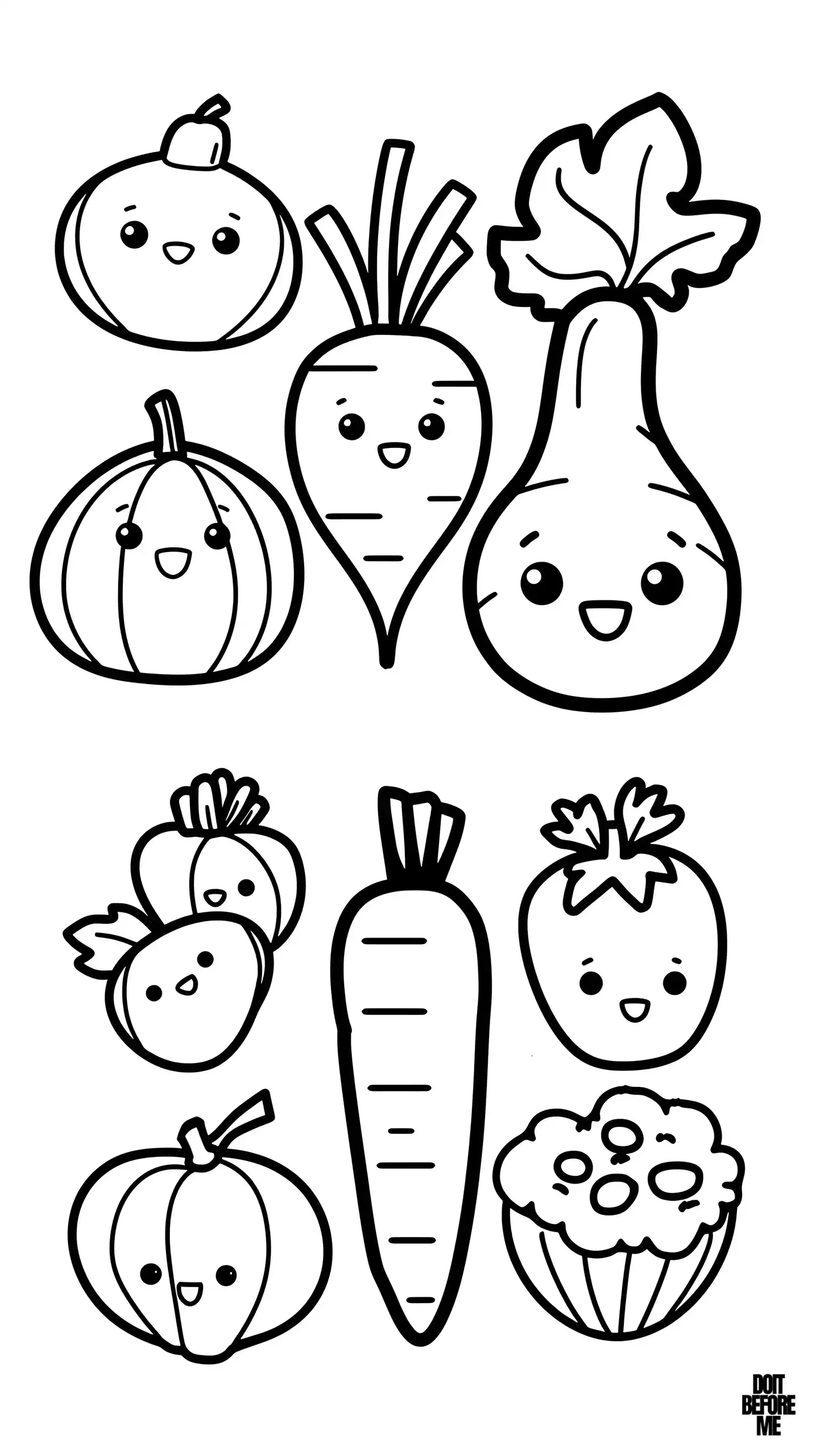 Educational coloring page of vegetables such as carrots, radishes, potatoes, onions and garlic, designed for toddlers and preschoolers.