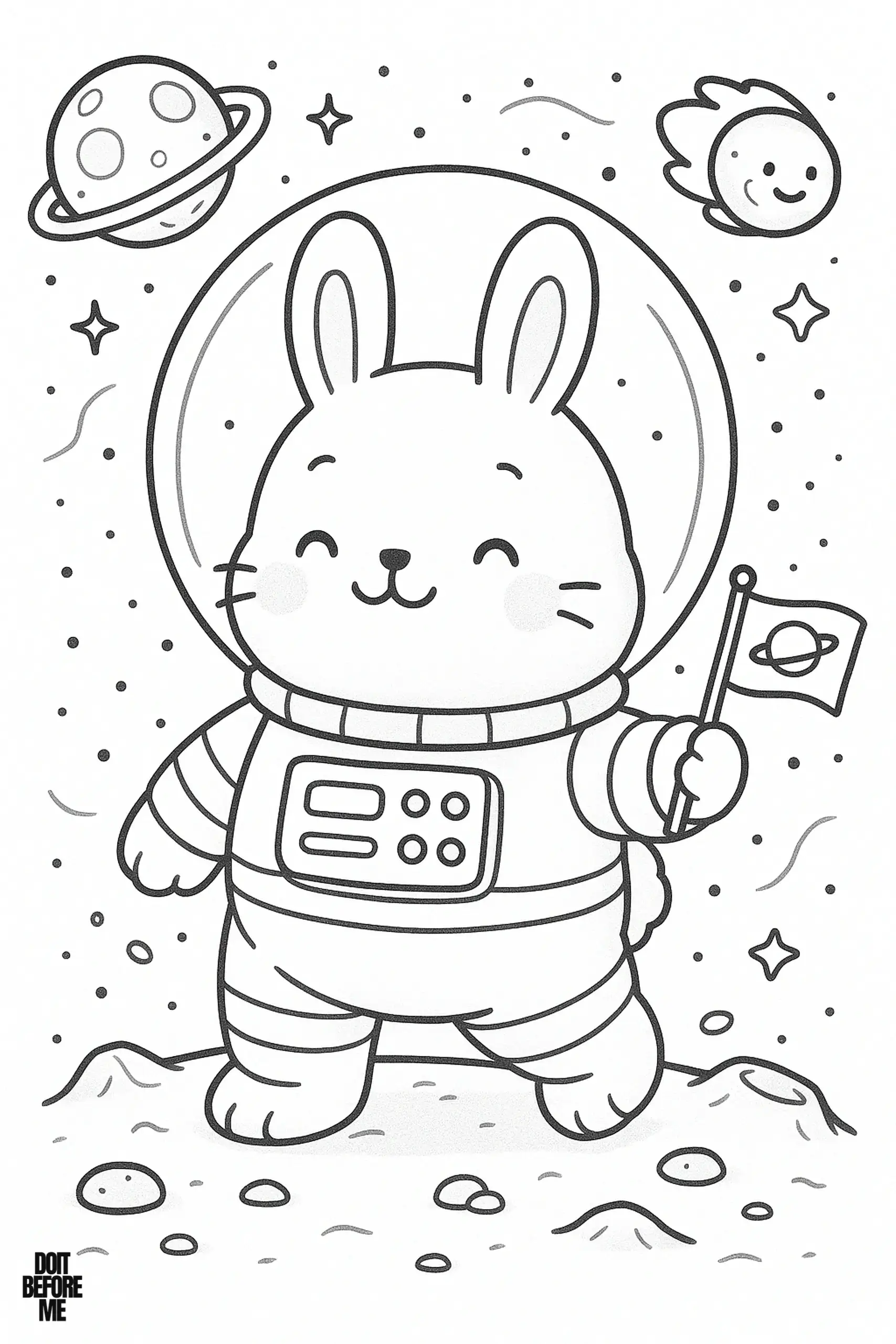 Cute astronaut bunny coloring page for children with a chubby rabbit in a space suit holding a flag on the moon, surrounded by stars and planets.