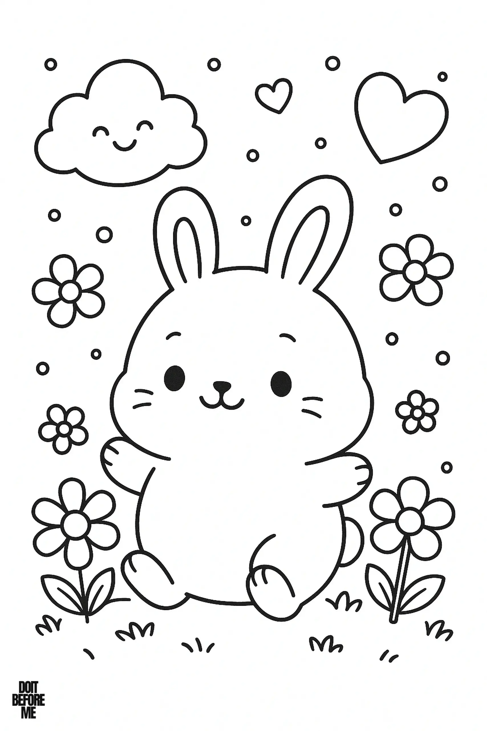 Coloring page of a cute chubby bunny sitting in a garden filled with blooming flowers, a smiling cloud, and floating hearts.