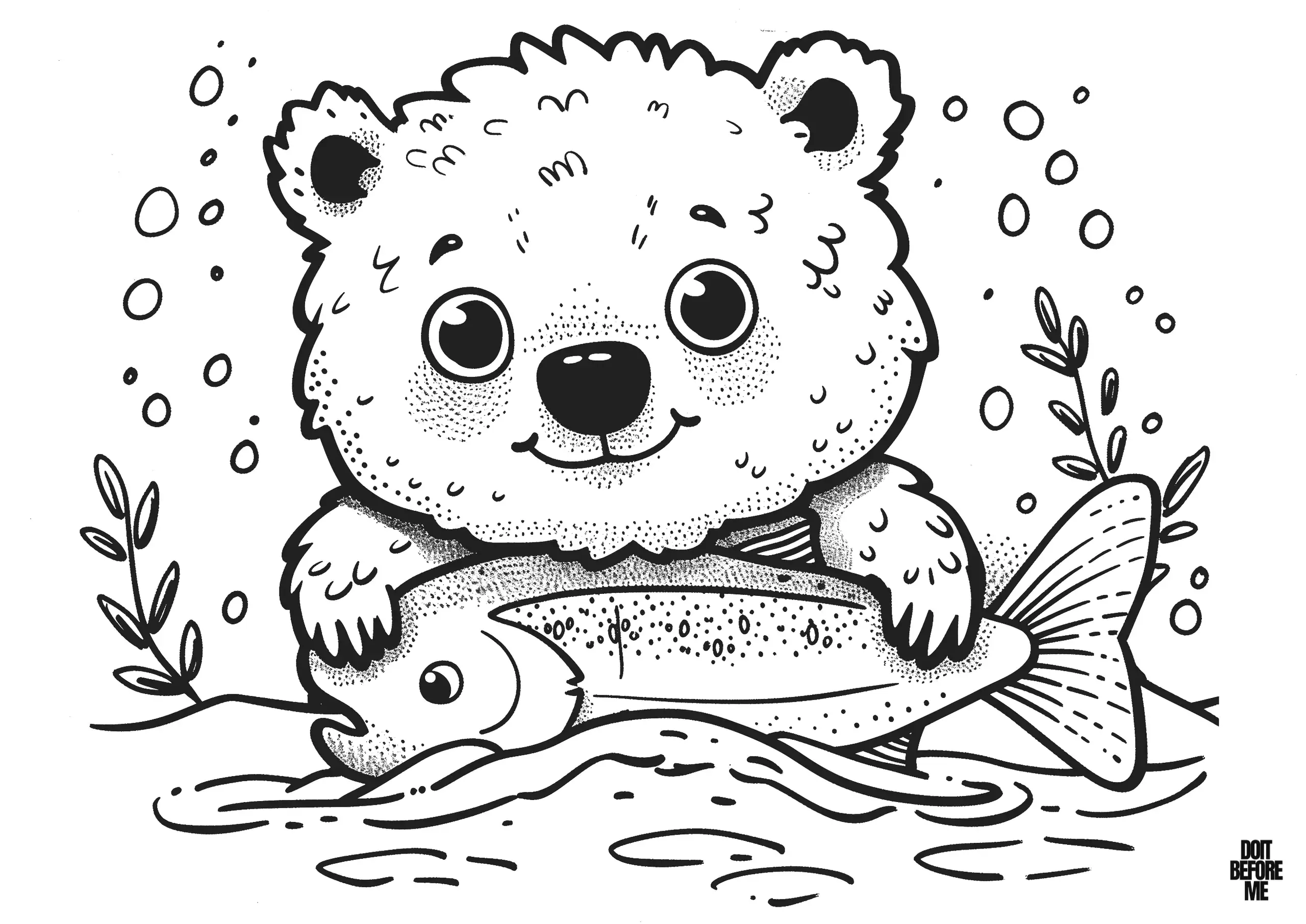 Printable coloring page of a smiling baby brown bear holding a large salmon fish.