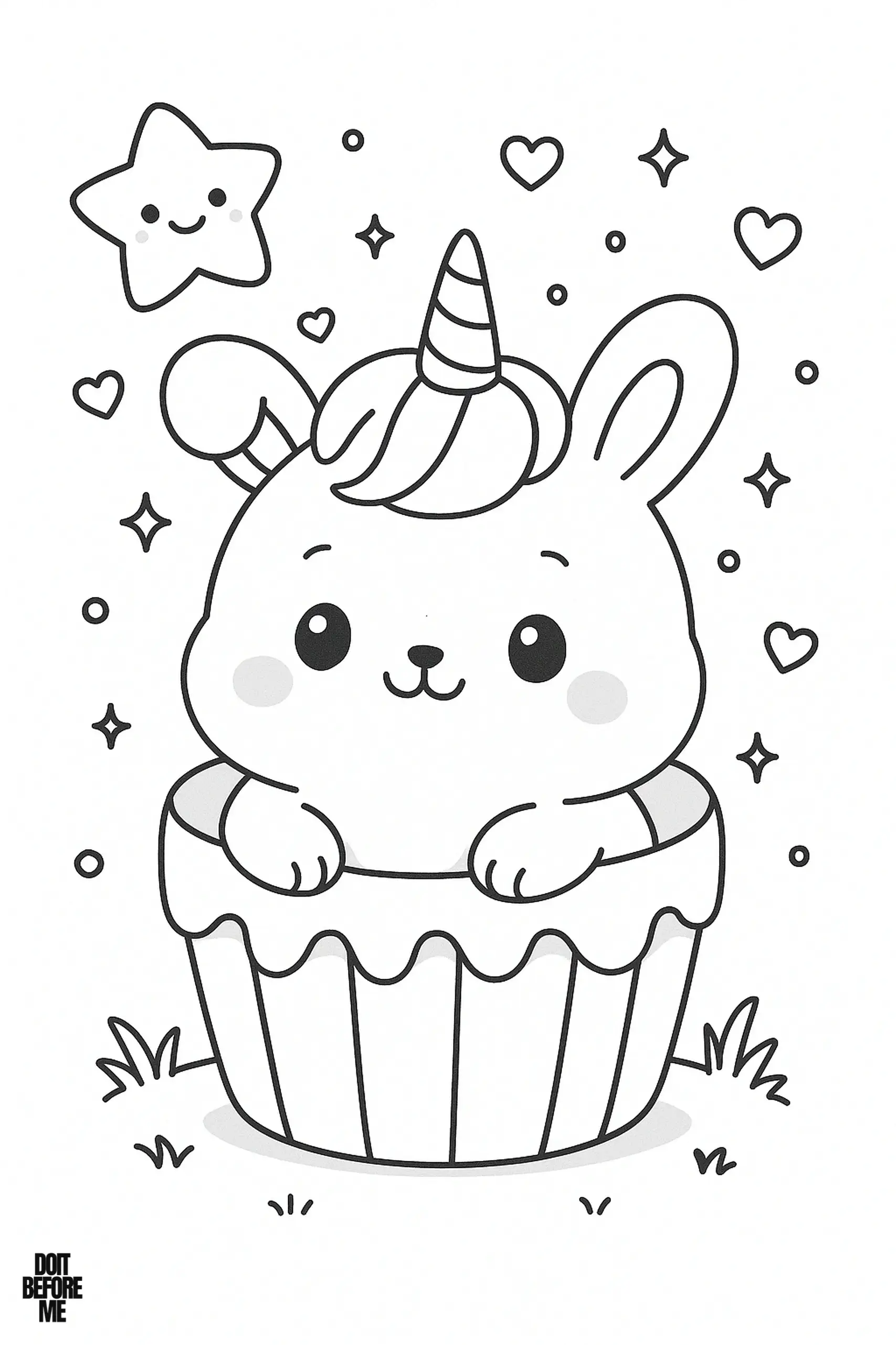 Bunny unicorn coloring page featuring a chubby rabbit with a spiral horn sitting inside a cupcake liner, surrounded by smiling stars, floating hearts, and sparkles, printable activity for kids.