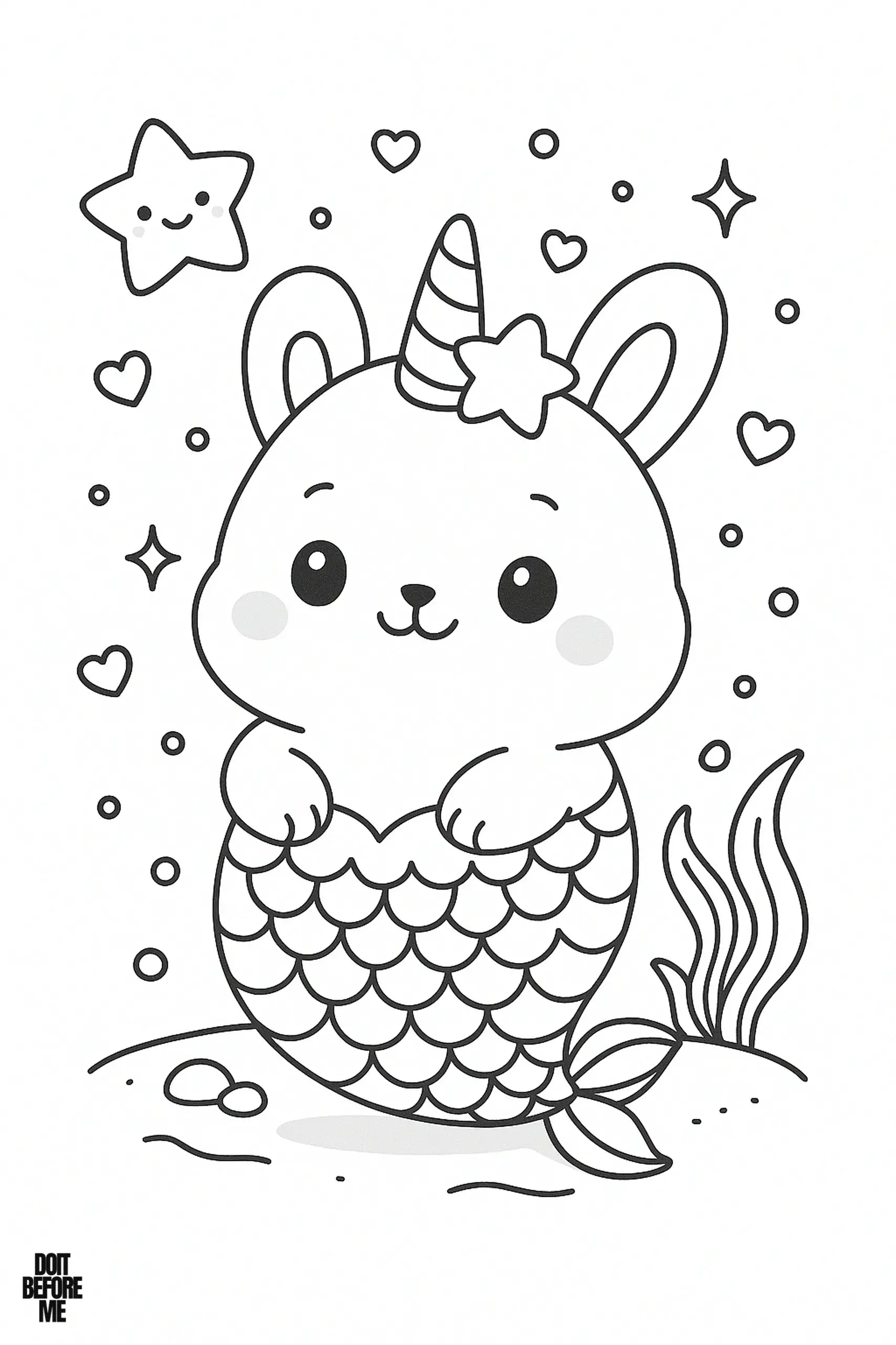 Kawaii bunny coloring page of a fantasy rabbit with a mermaid tail and unicorn horn, sitting on the ocean floor with seaweed, bubbles, stars, and hearts around it.