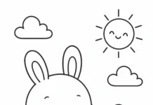 Cute bunny with watering can coloring page for kids, rabbit watering flower under the sun.