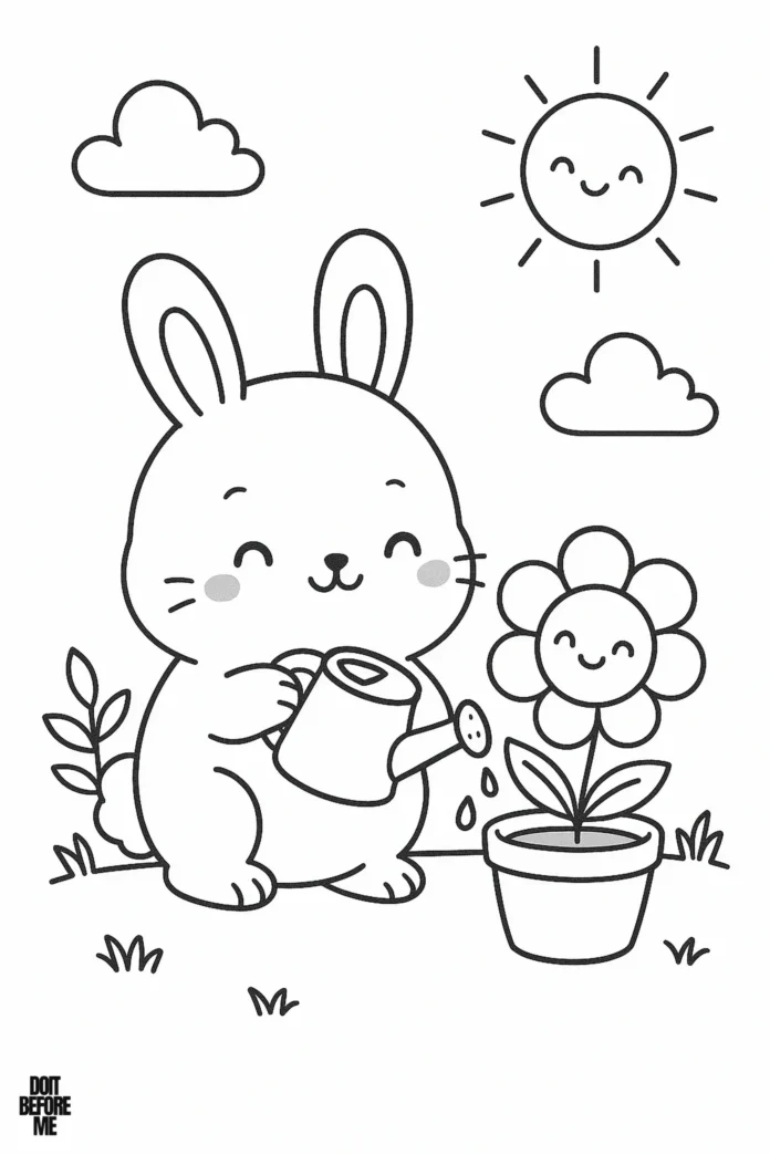 Cute bunny with watering can coloring page for kids, rabbit watering flower under the sun.